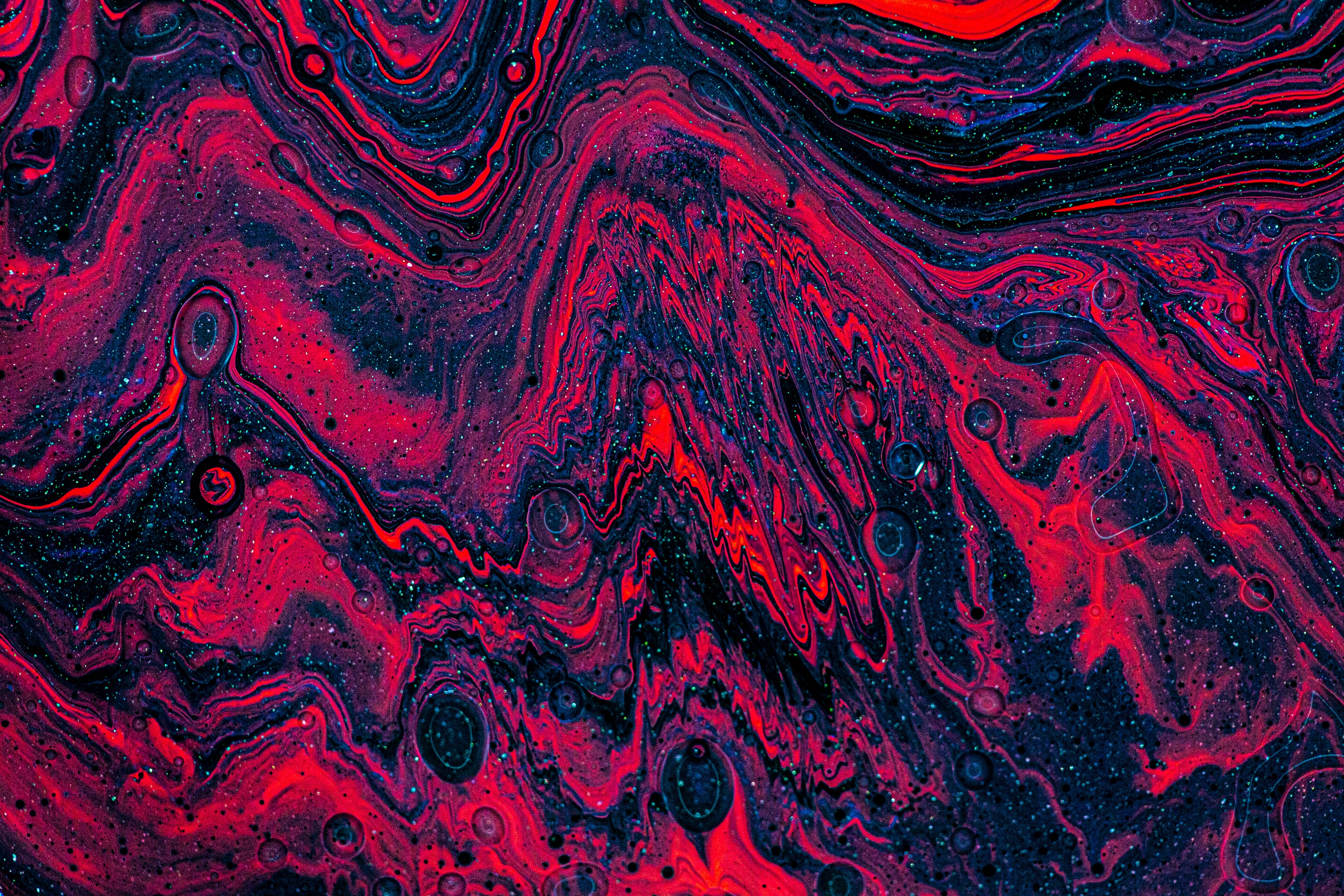 fluid art, abstract, red, divorces, paint, tinsel, sequins