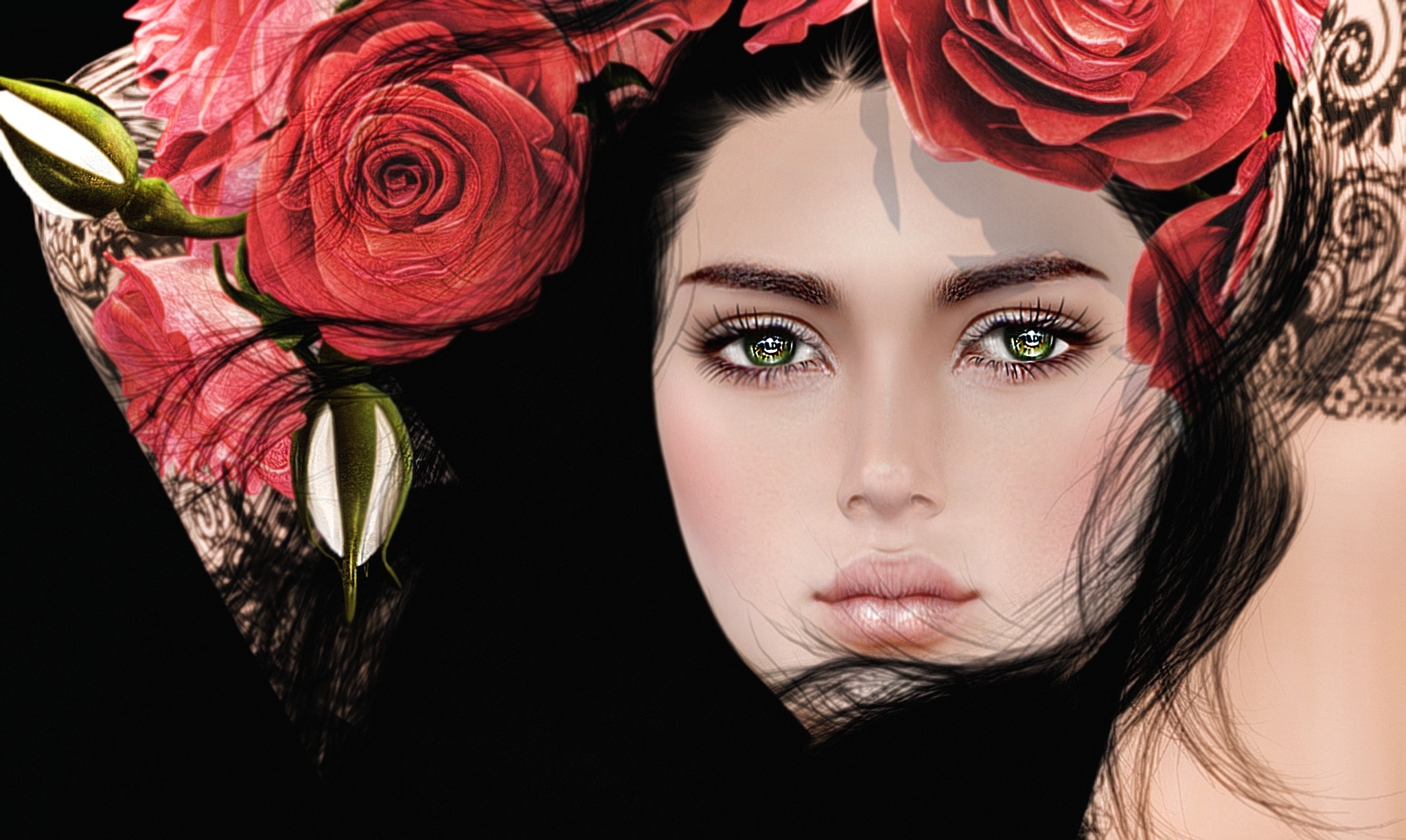 Laden Sie das Fantasie, Rose, Frauen, Grüne Augen, Rote Blume, Schwarzes Haar-Bild kostenlos auf Ihren PC-Desktop herunter