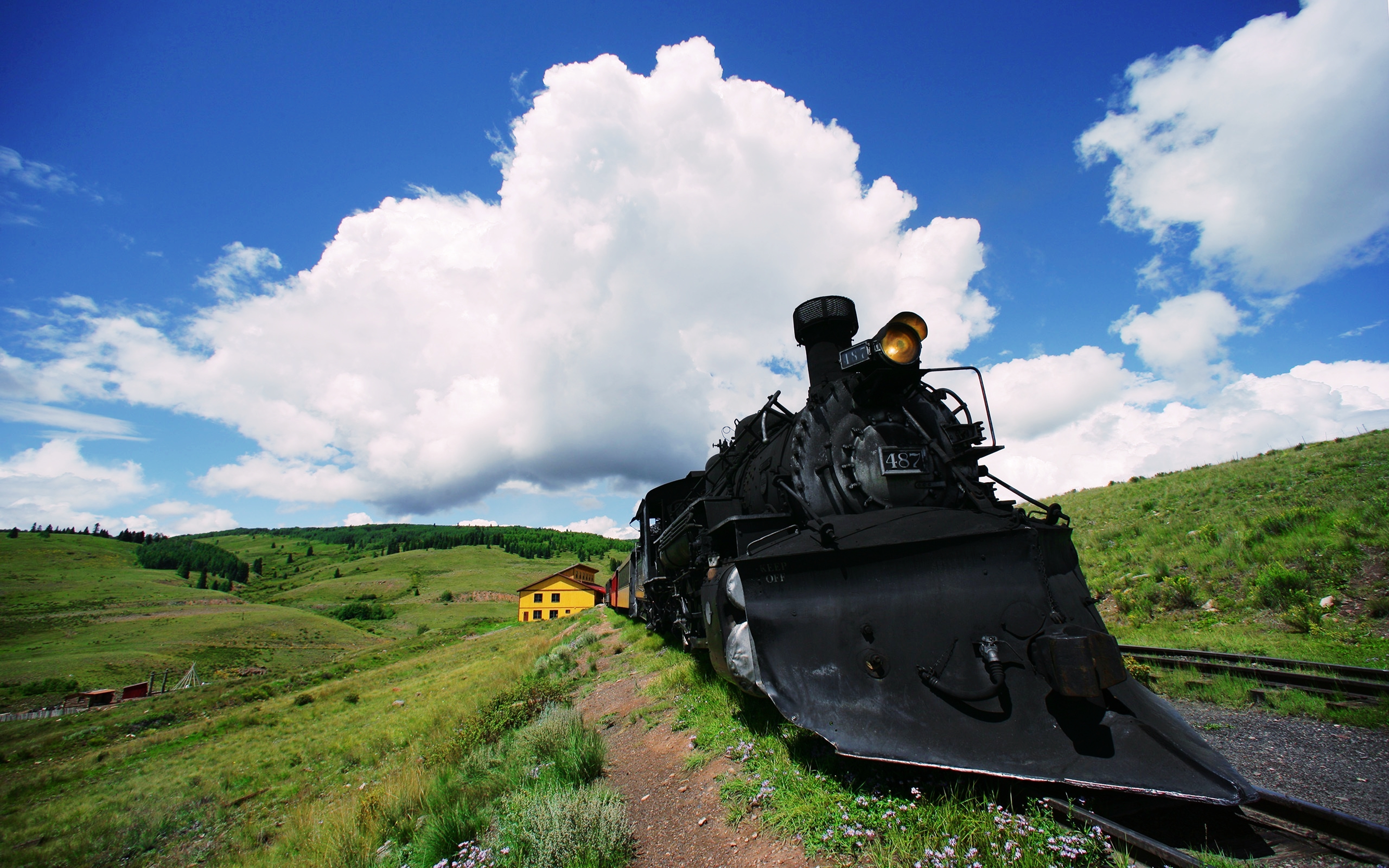 train, vehicles, countryside, landscape