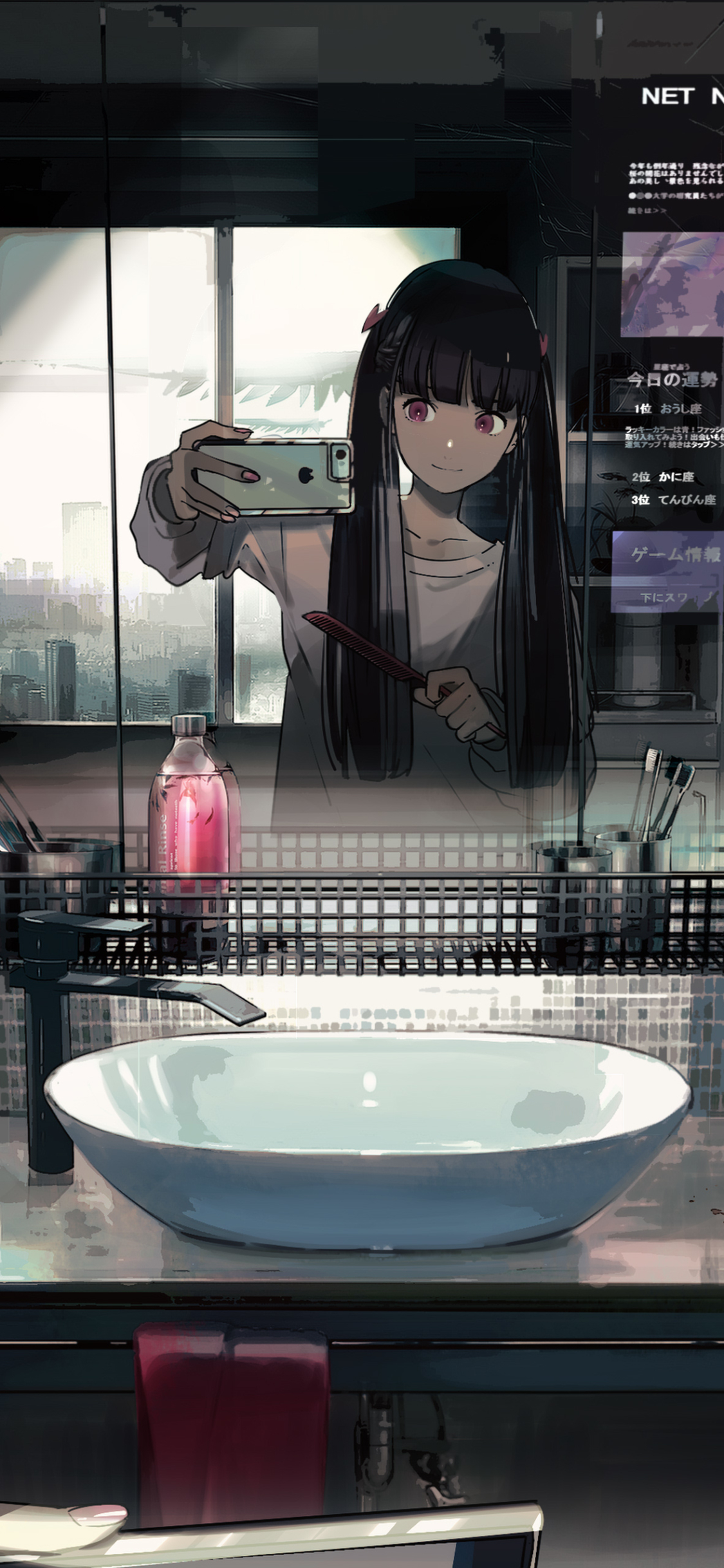 anime, room, twintails, selfie, long hair, black hair, bathroom, smartphone Full HD