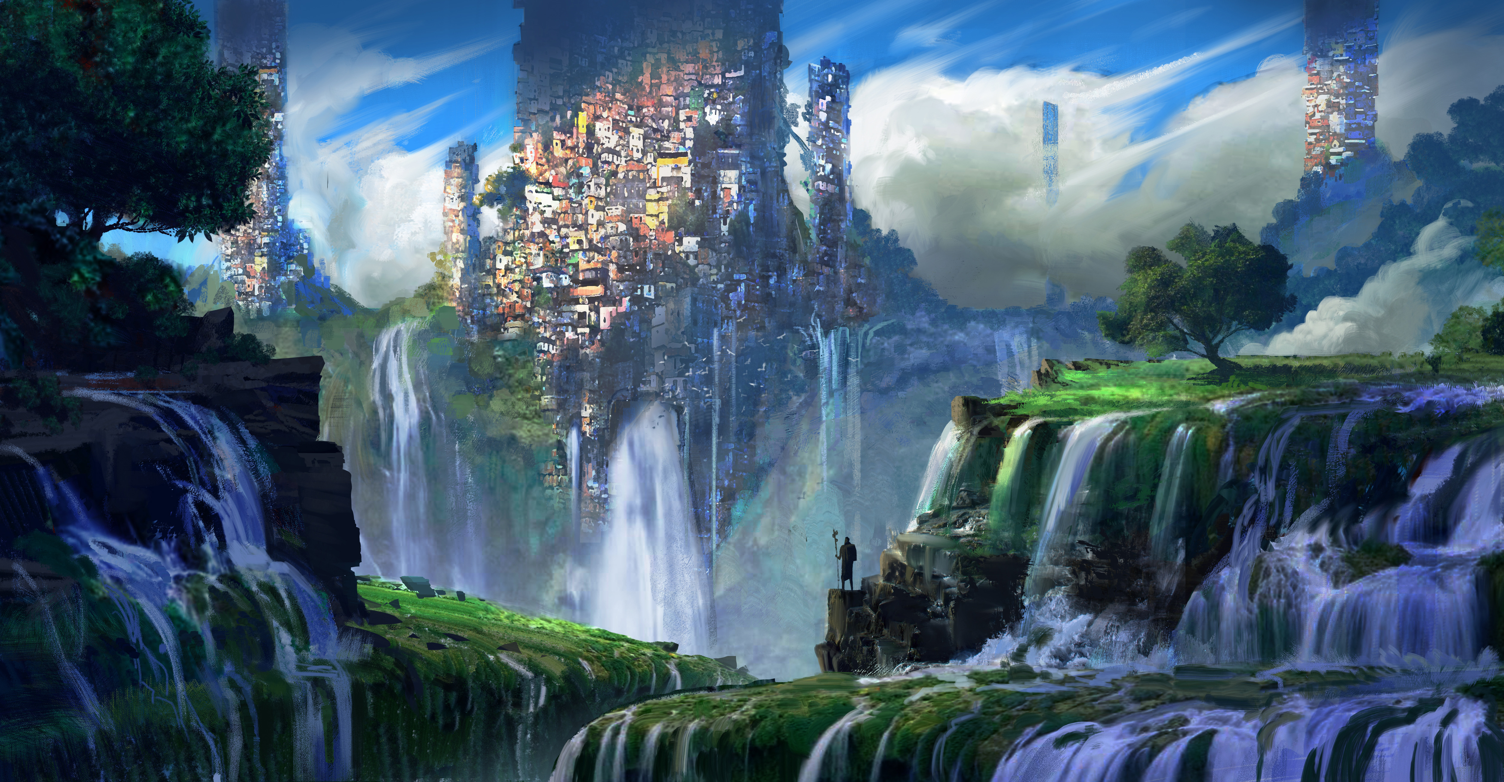 Laden Sie das Landschaft, Fantasie, Wasserfall, Großstadt-Bild kostenlos auf Ihren PC-Desktop herunter