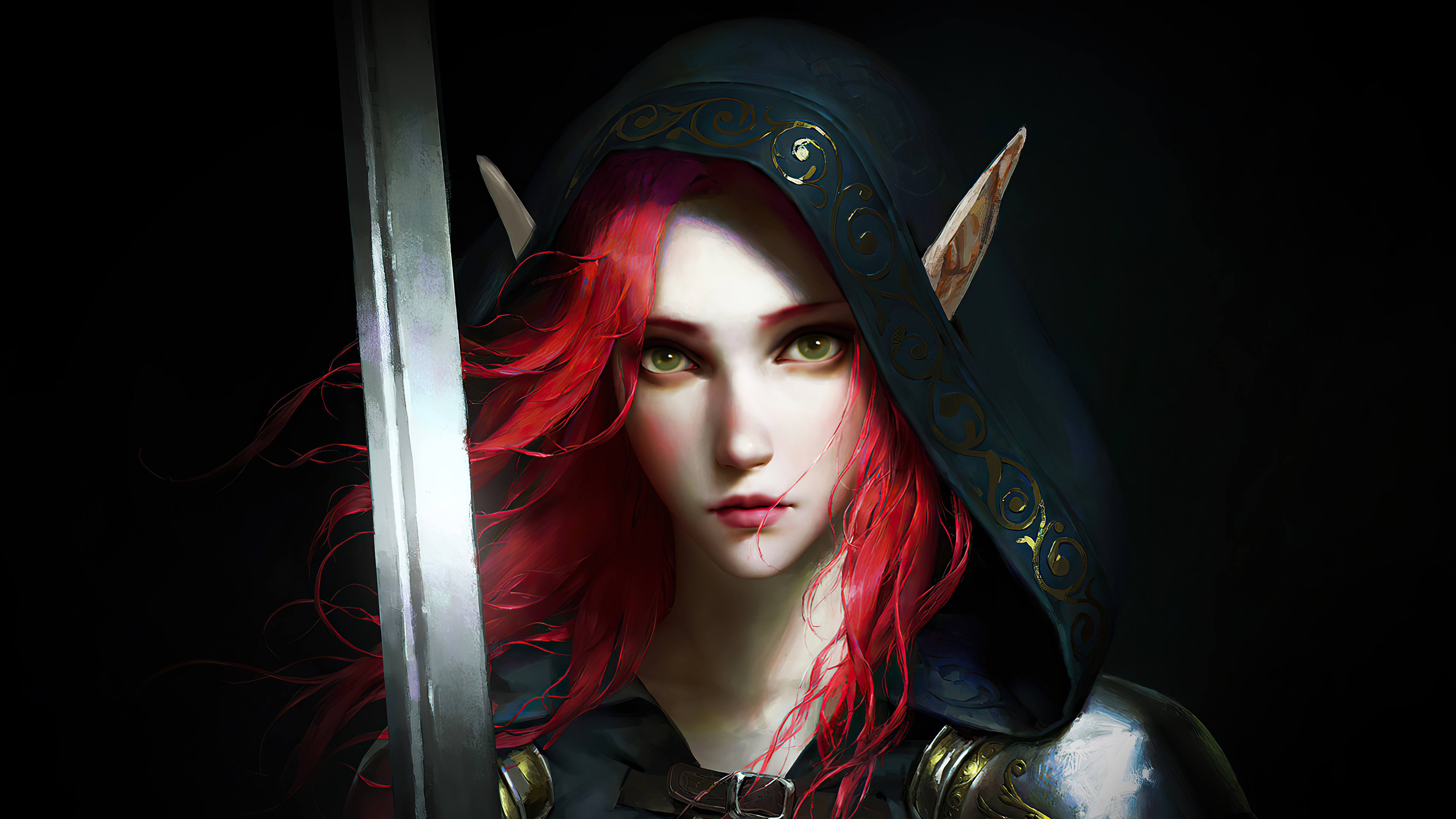無料モバイル壁紙ファンタジー, 赤毛, フード, 妖精, 剣, 先のとがった耳, 女戦士をダウンロードします。