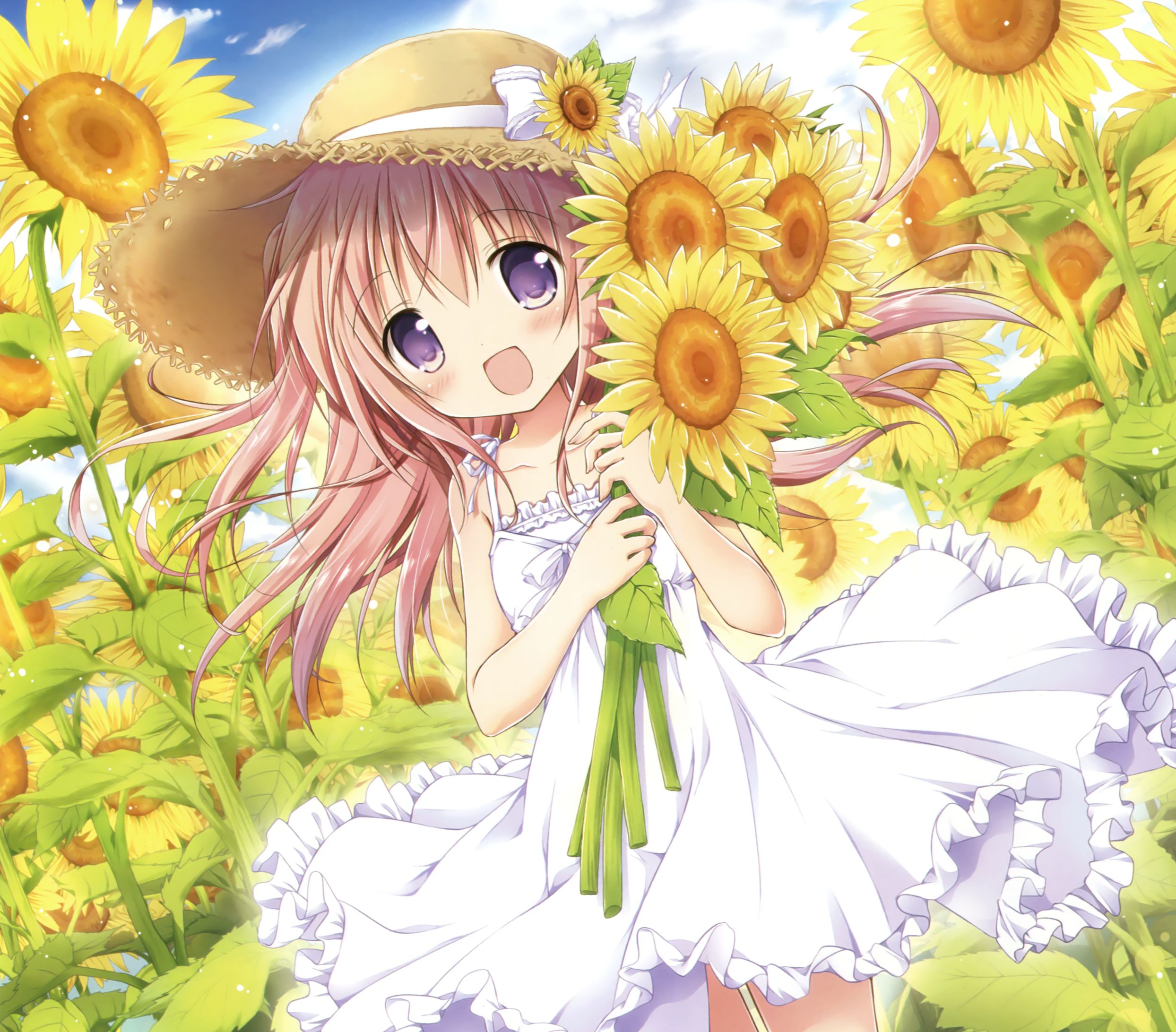 Download mobile wallpaper Anime, Smile, Sunflower, Hat, Original, Long Hair, Purple Eyes, Bow (Clothing) for free.