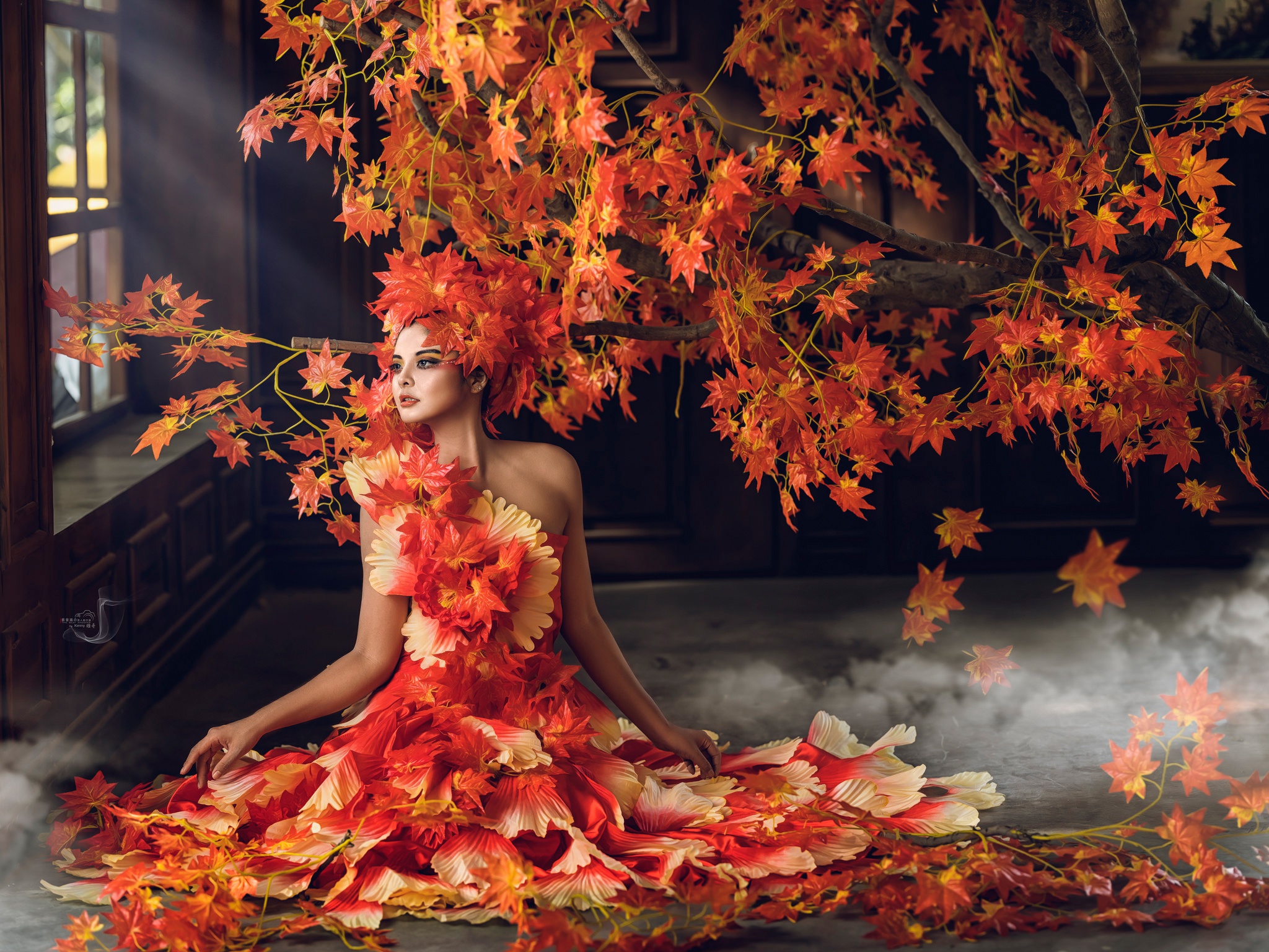 Download mobile wallpaper Leaf, Fall, Artistic, Model, Women, Orange Dress for free.