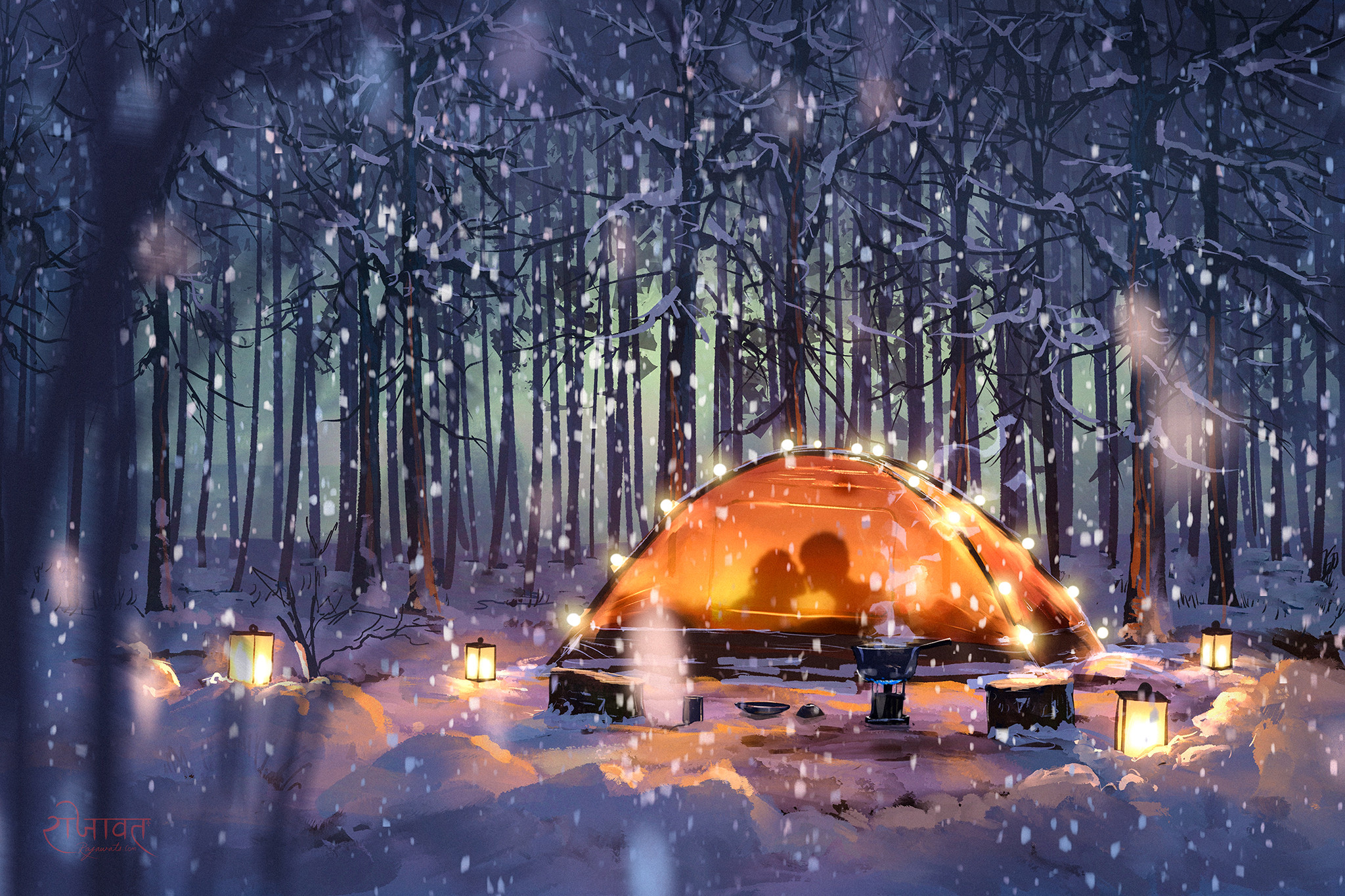 Download mobile wallpaper Anime, Winter, Snow, Forest, Couple, Lantern for free.