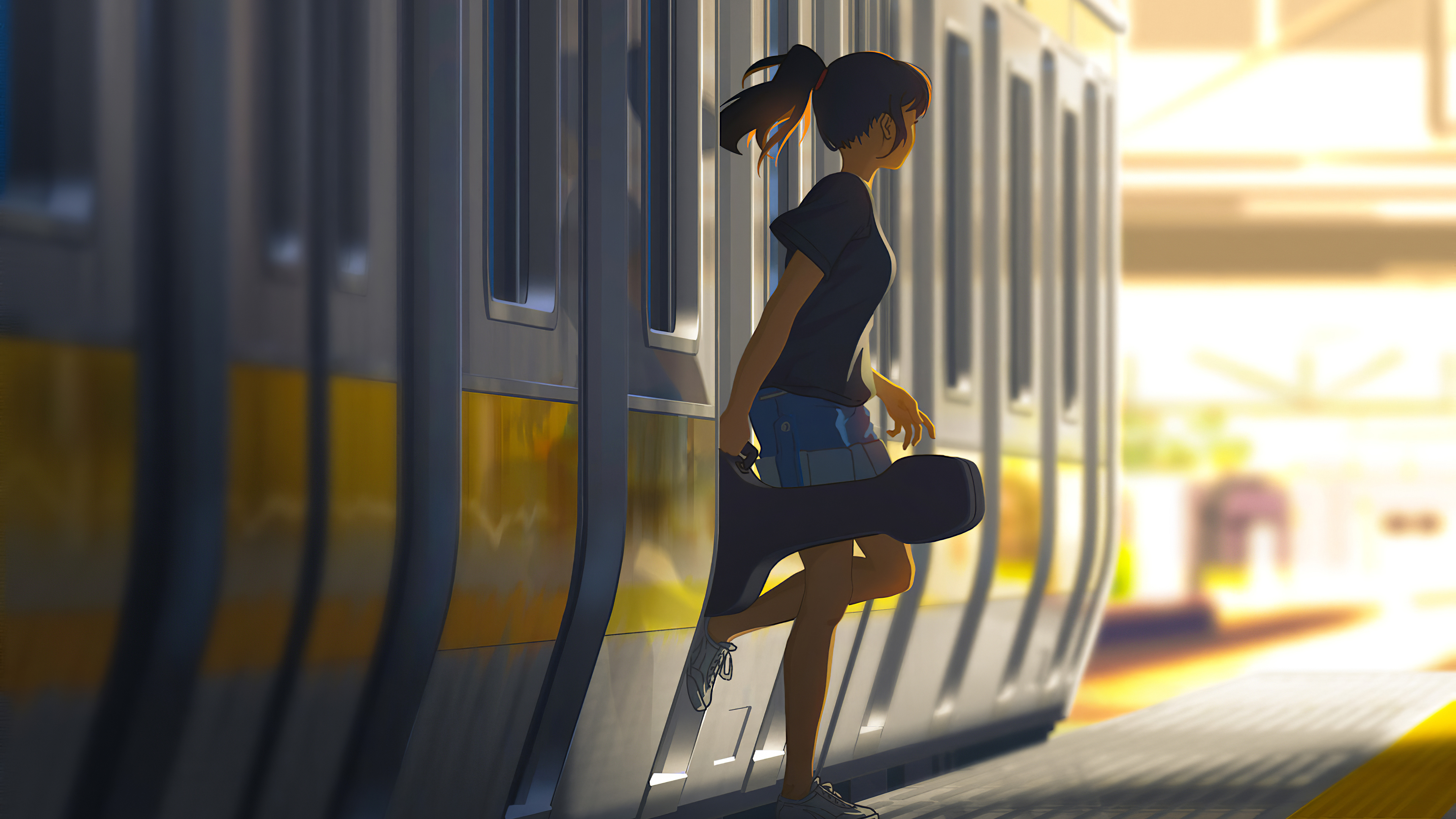 girl, anime, brunette, guitar, station, train
