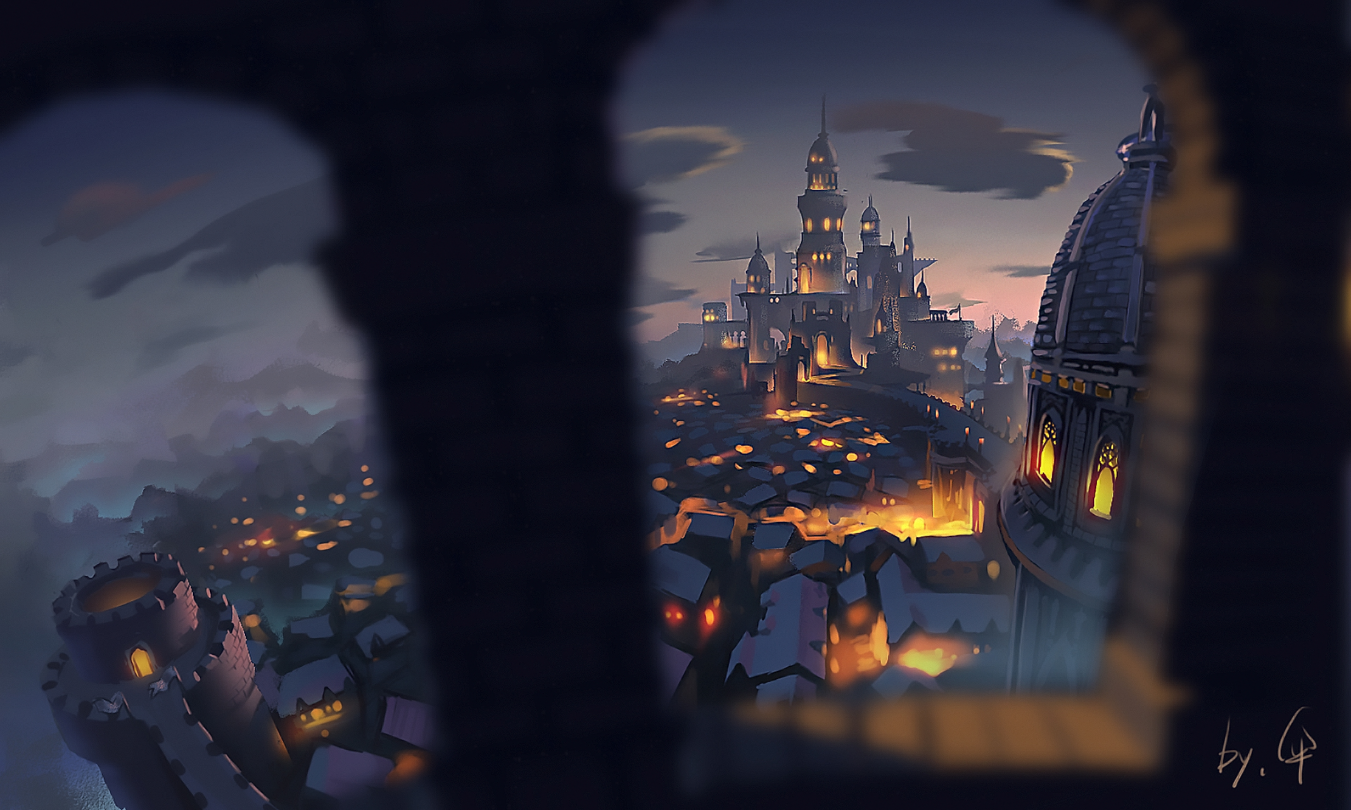 Download mobile wallpaper Anime, Night, City, Building, Original, Castle for free.