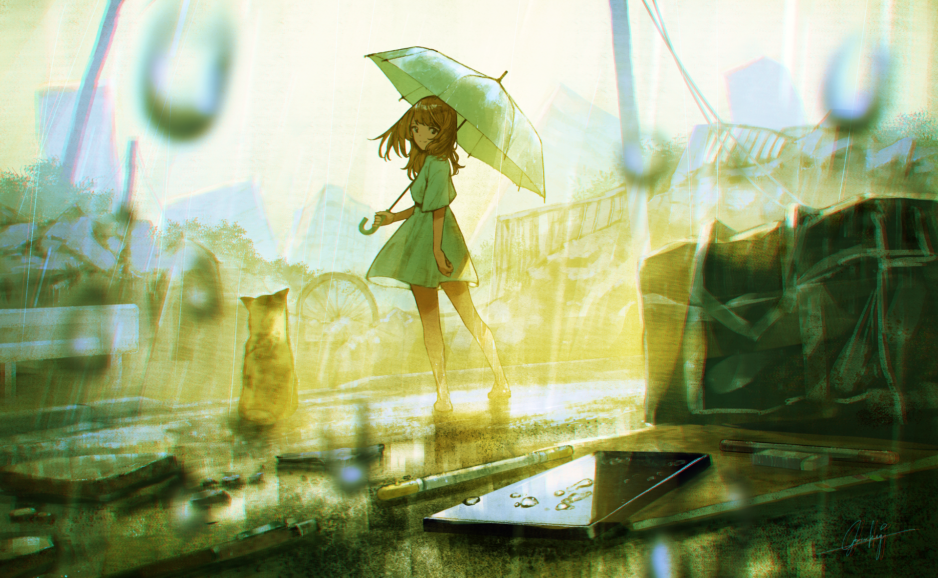 PCデスクトップに女の子, 雨, 犬, 傘, アニメ画像を無料でダウンロード