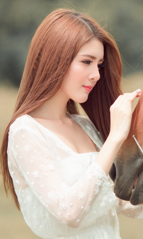 Download mobile wallpaper Horse, Brunette, Model, Women, Asian, Long Hair for free.