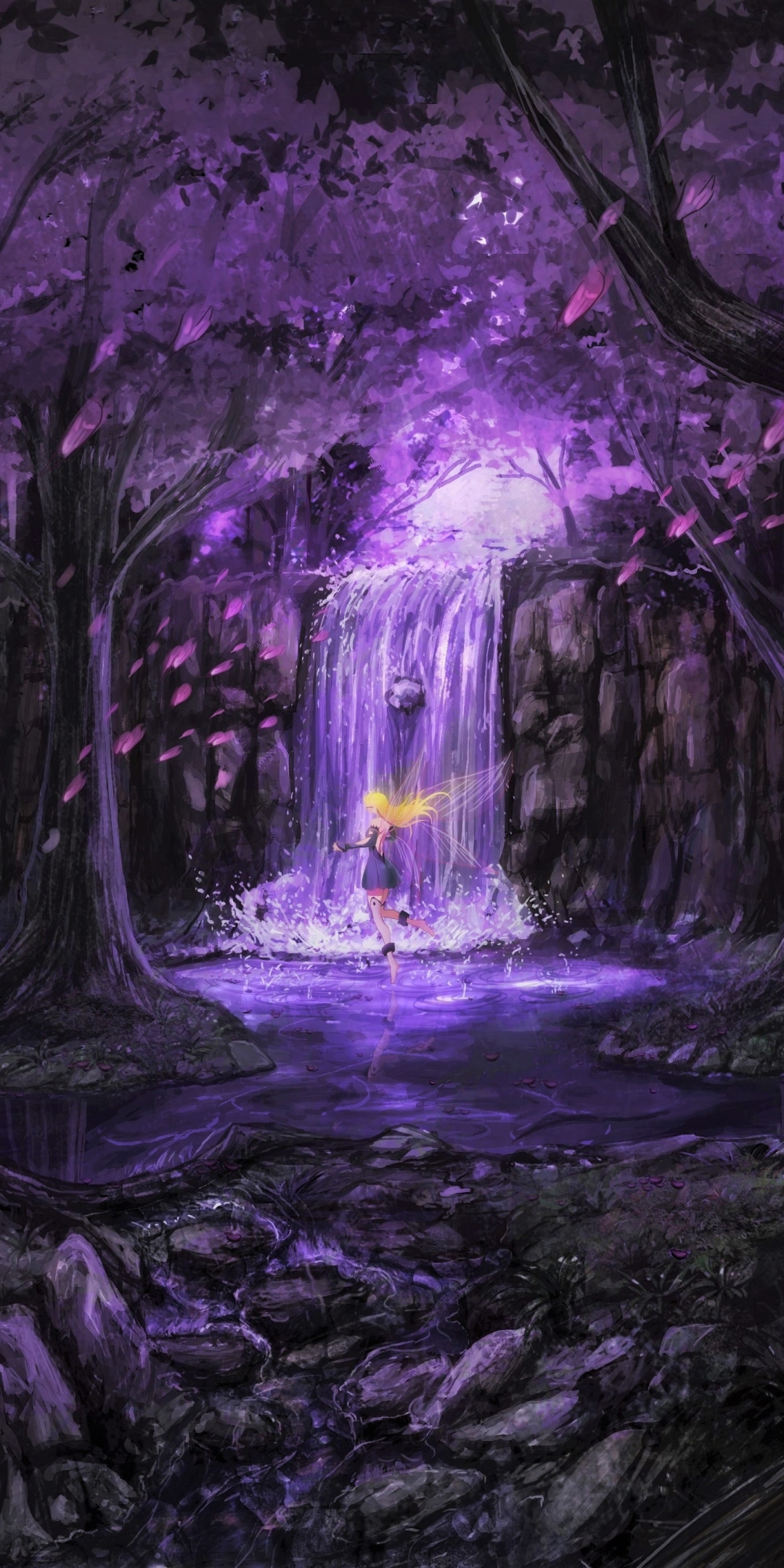Download mobile wallpaper Fantasy, Forest, Tree, Purple, Blonde, Fairy, Magical for free.