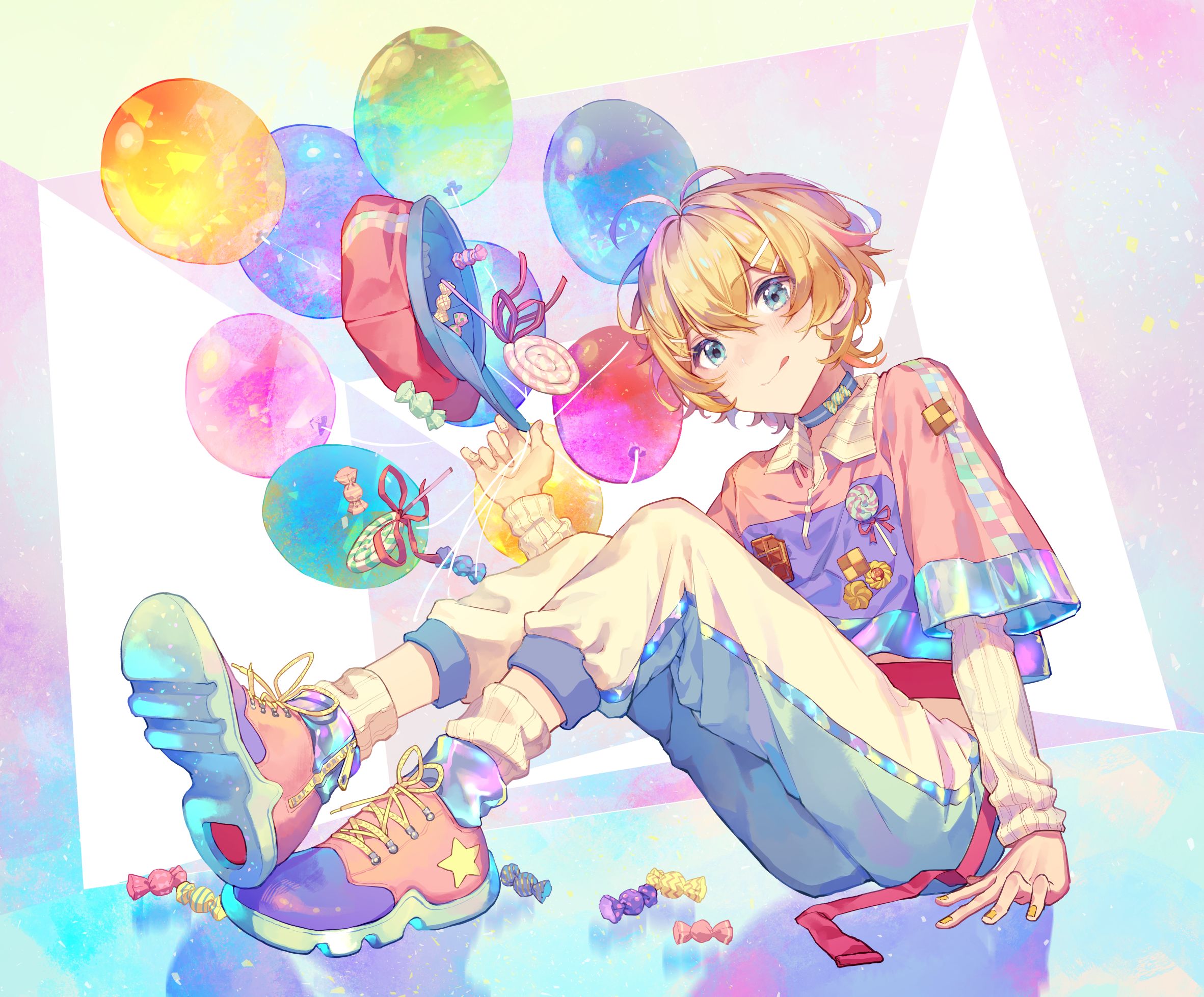 anime, original, balloon, blonde, blue eyes, sneakers