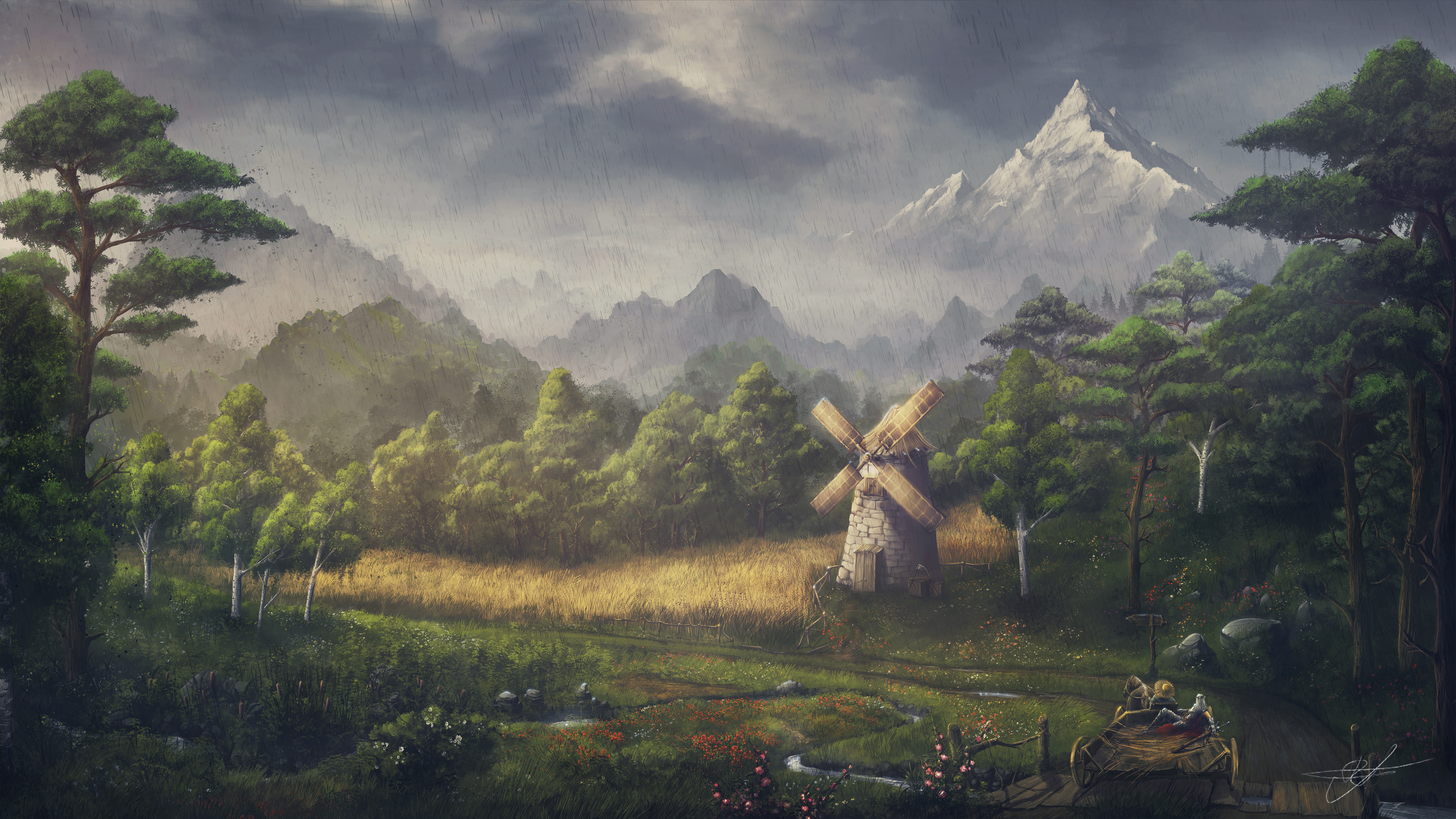 Download mobile wallpaper Landscape, Fantasy, Rain, Mountain, Forest, Path, Windmill for free.