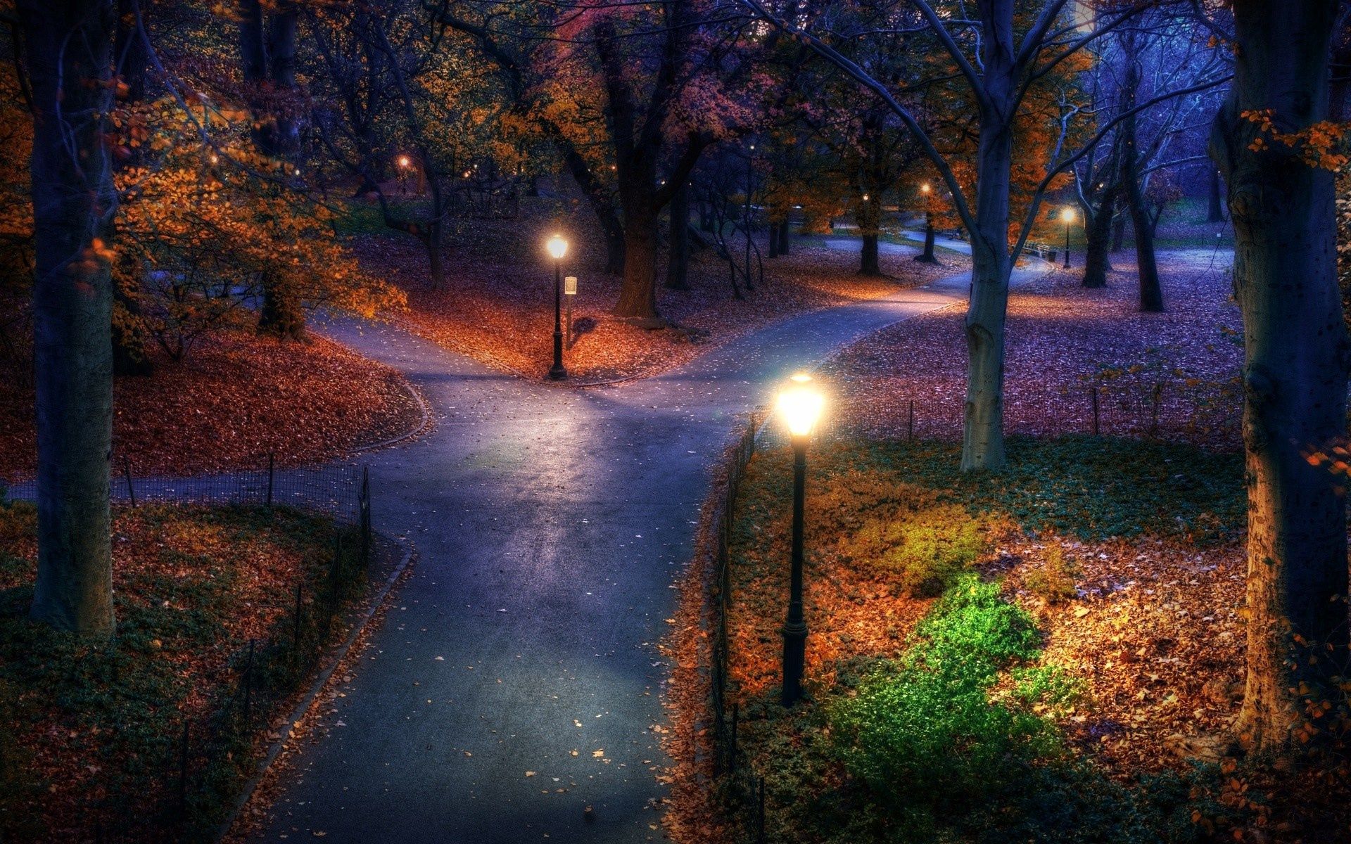 autumn, cities, leaves, city, lights, park, lanterns, path, paths, sidewalk