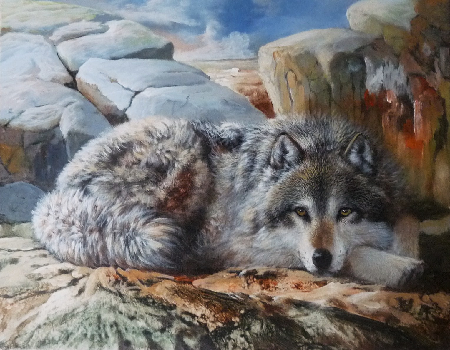 Download mobile wallpaper Close Up, Wolf, Animal, Painting, Resting, Wolves for free.