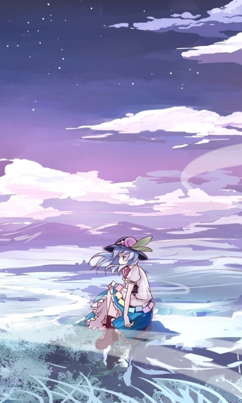 Download mobile wallpaper Anime, Moon, Cloud, Hat, Blue Hair, Video Game, Touhou, Tenshi Hinanawi, White Dress for free.