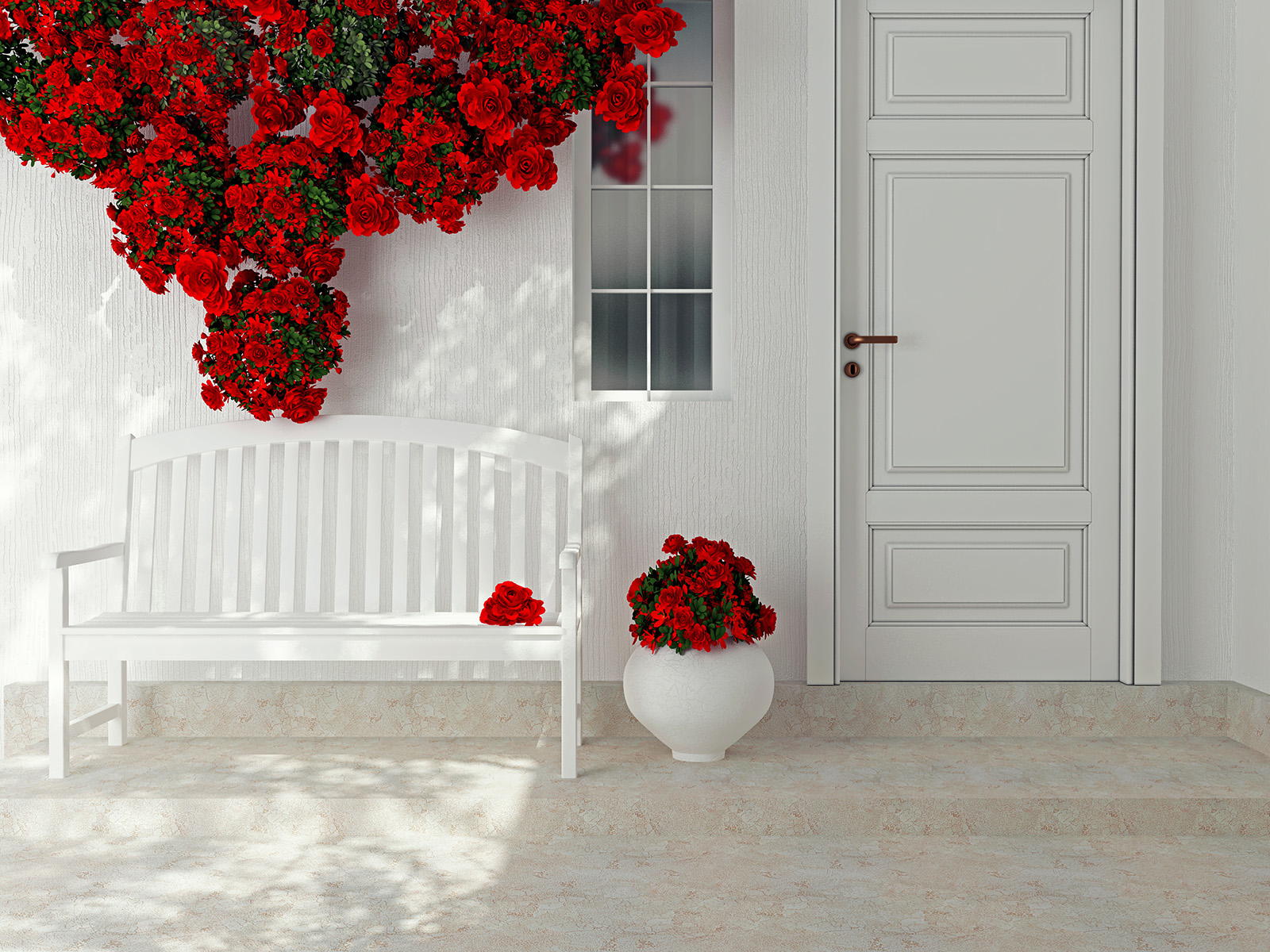 Free download wallpaper Flower, Vase, Bench, Door, Red Flower, Man Made on your PC desktop