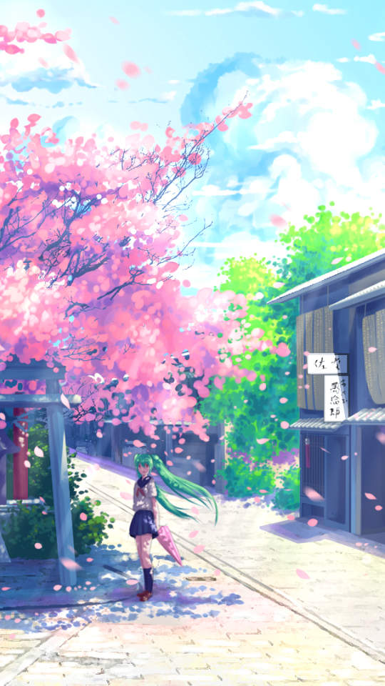Download mobile wallpaper Anime, Vocaloid, Green Hair, School Uniform, Hatsune Miku, Long Hair, Sakura Blossom for free.
