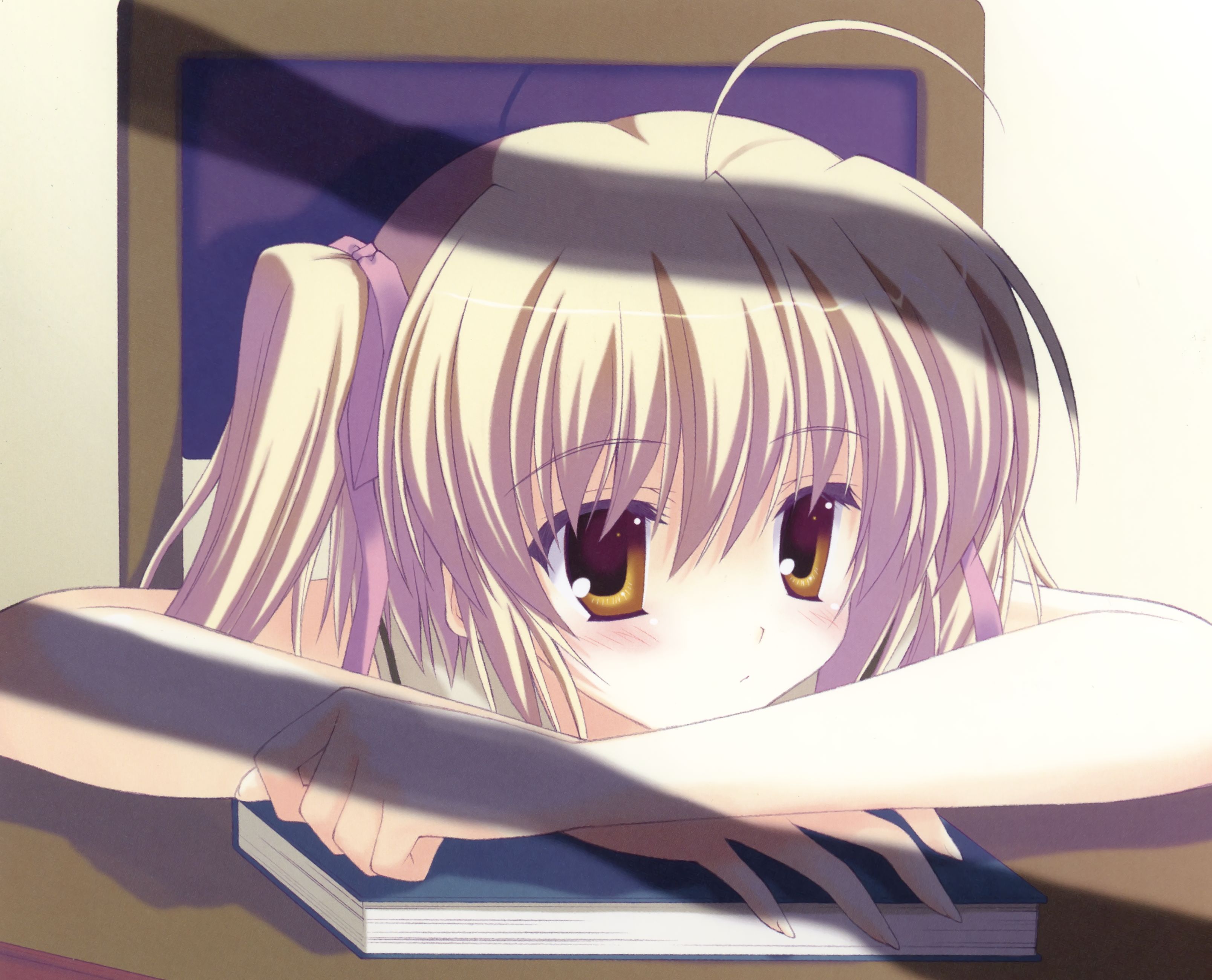 Free download wallpaper Anime, Book, Blonde, Yellow Eyes, Original, Blush, Twintails on your PC desktop