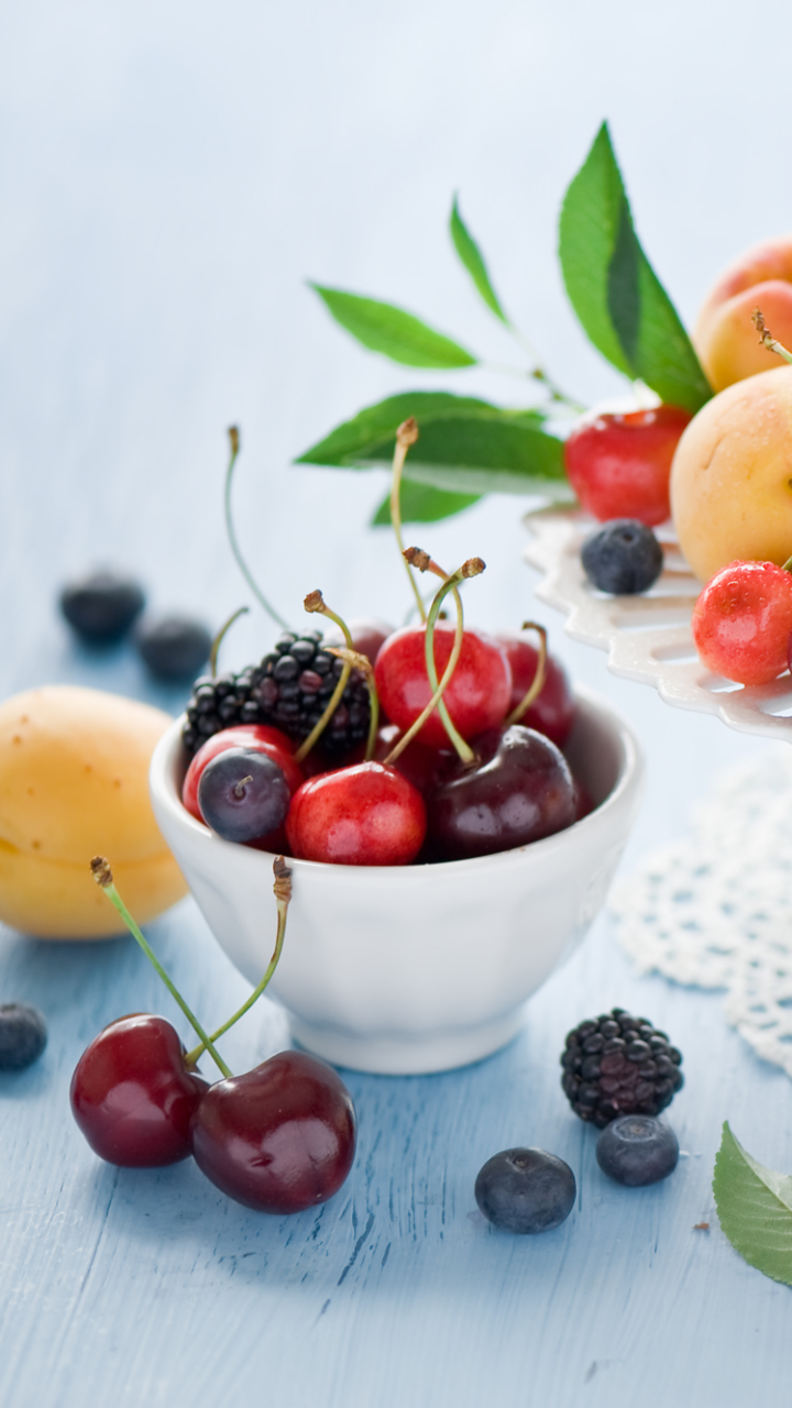 Download mobile wallpaper Fruits, Food, Cherry, Blueberry, Still Life, Blackberry, Berry, Fruit, Apricot for free.