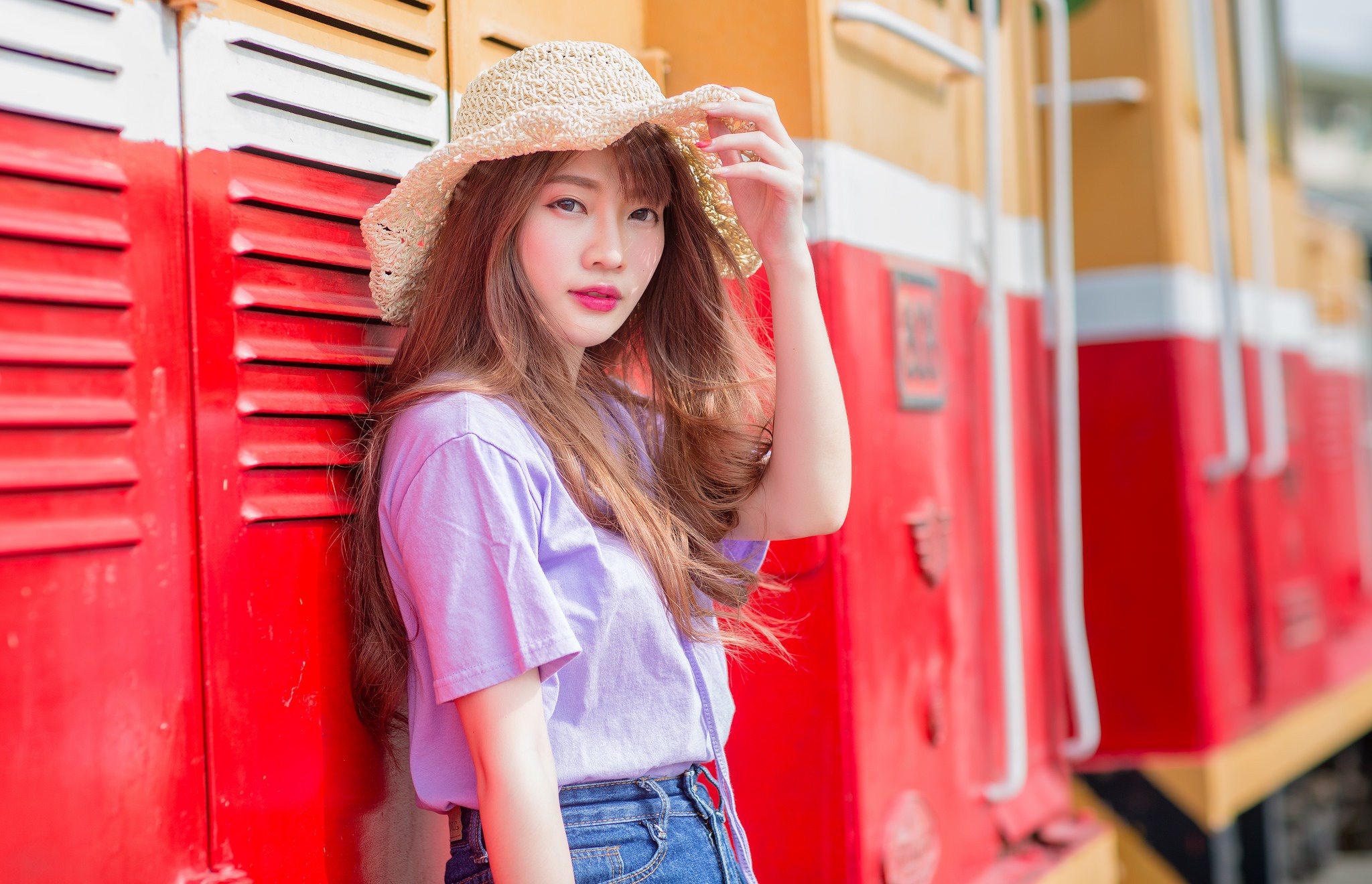 Download mobile wallpaper Hat, Brunette, Model, Women, Asian, Long Hair, Lipstick for free.