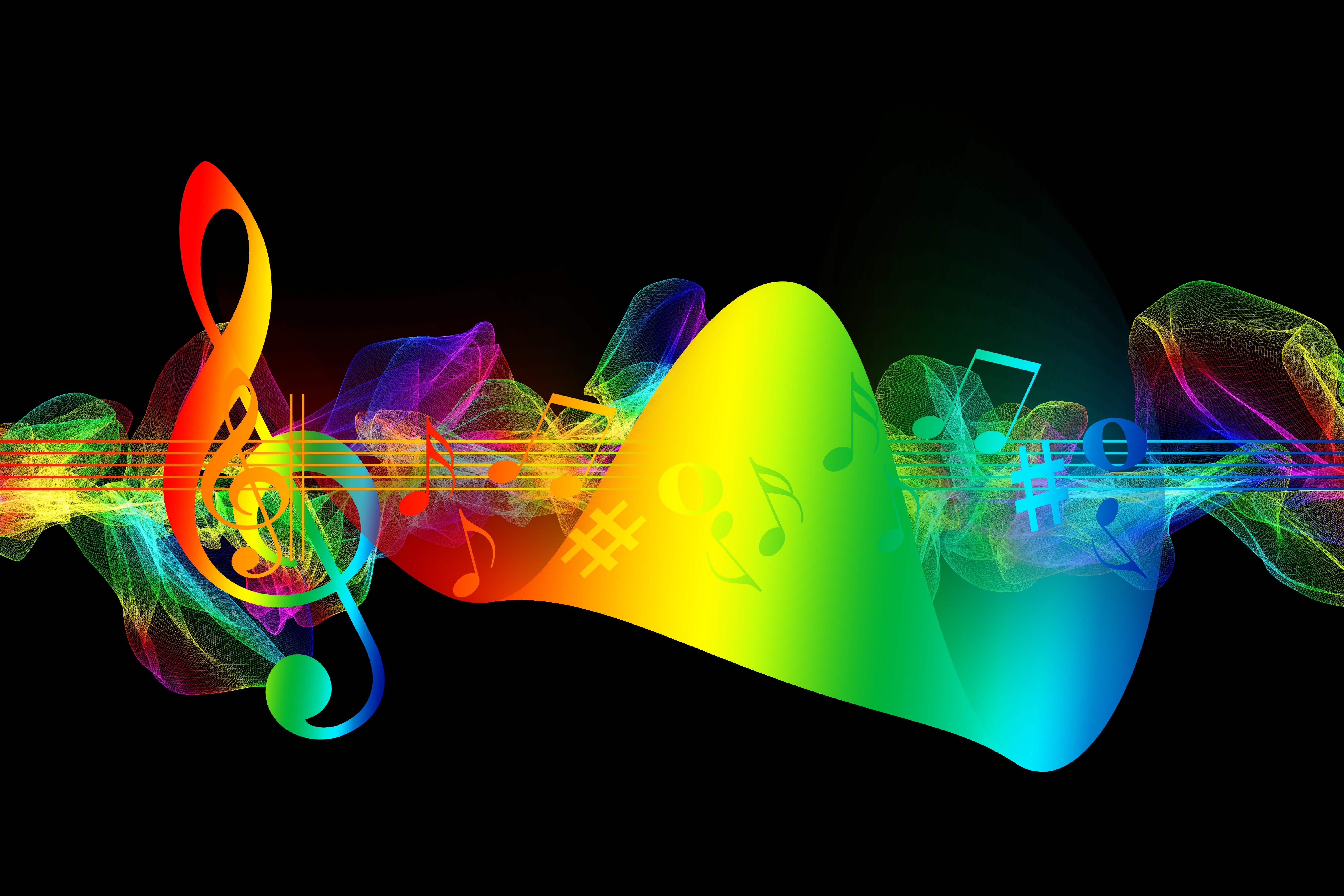 music, multicolored, rainbow, motley, iridescent, notes, treble clef