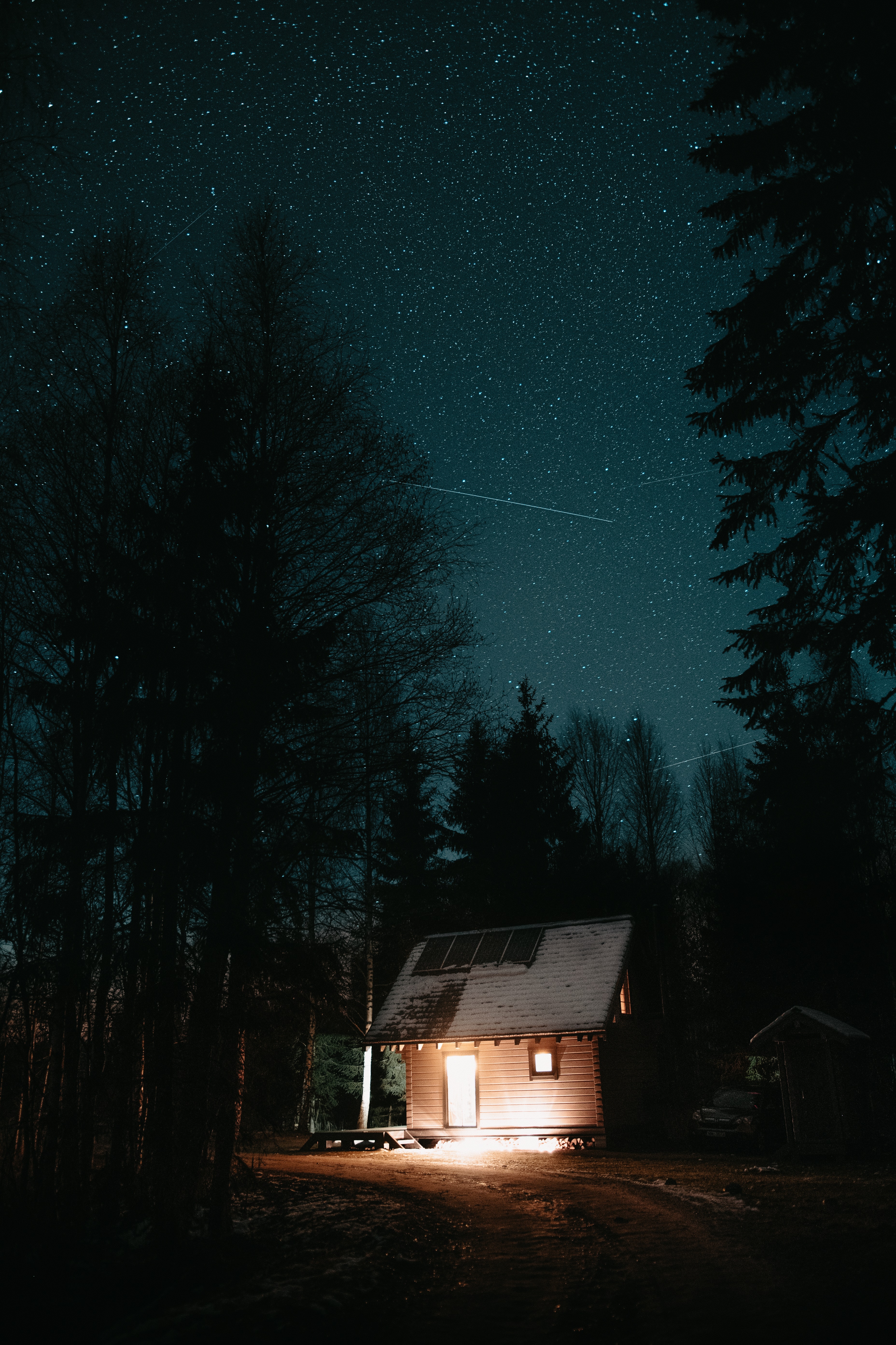night, shine, darkness, trees, dark, light, starry sky, house Free Stock Photo