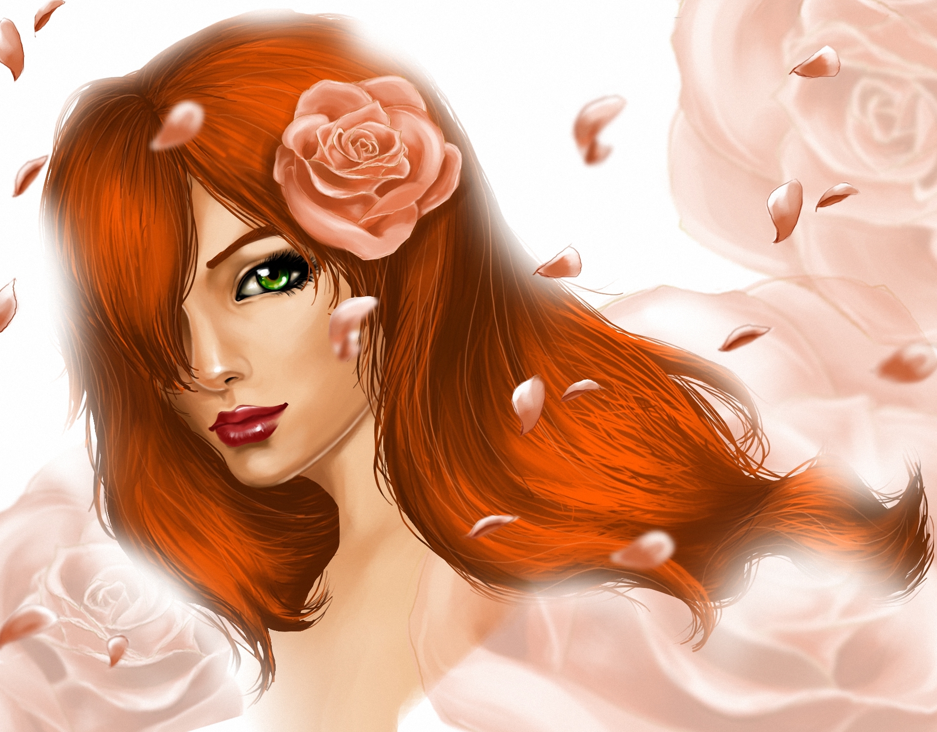 Download mobile wallpaper Fantasy, Flower, Redhead, Women, Green Eyes for free.