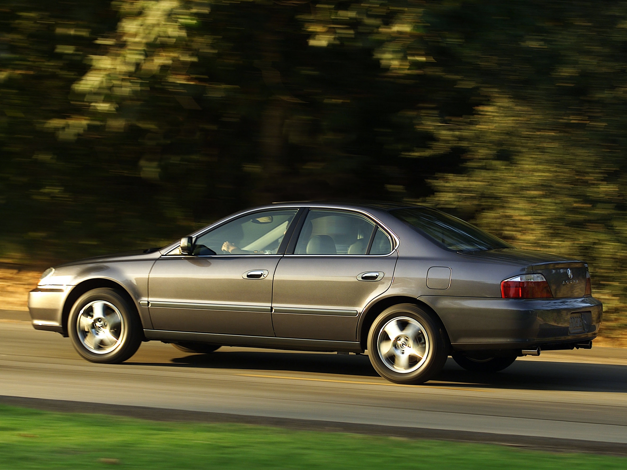 auto, trees, grass, acura, cars, grey, side view, speed, style, akura, tl, 2002