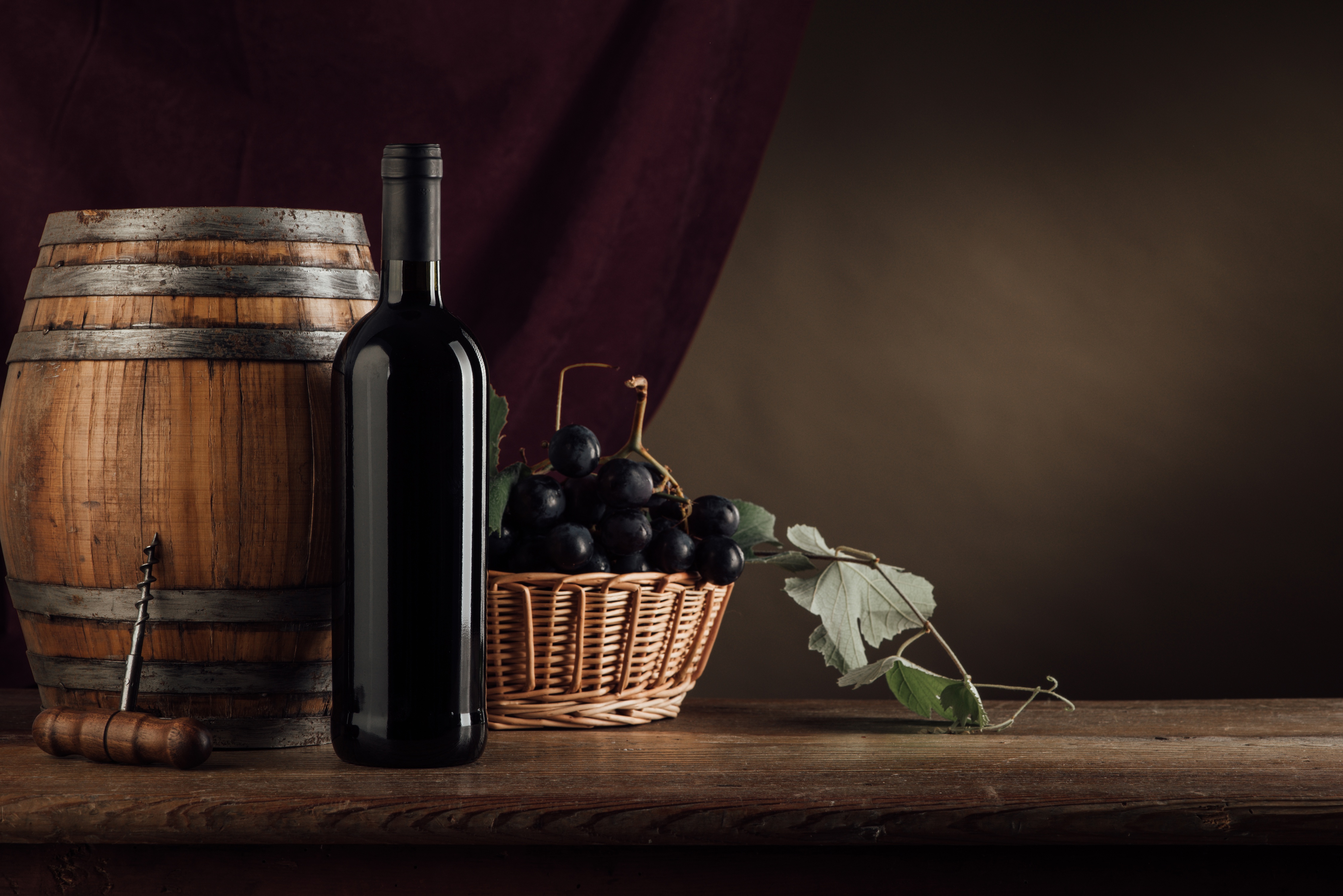 Download mobile wallpaper Food, Grapes, Still Life, Bottle, Barrel, Wine for free.