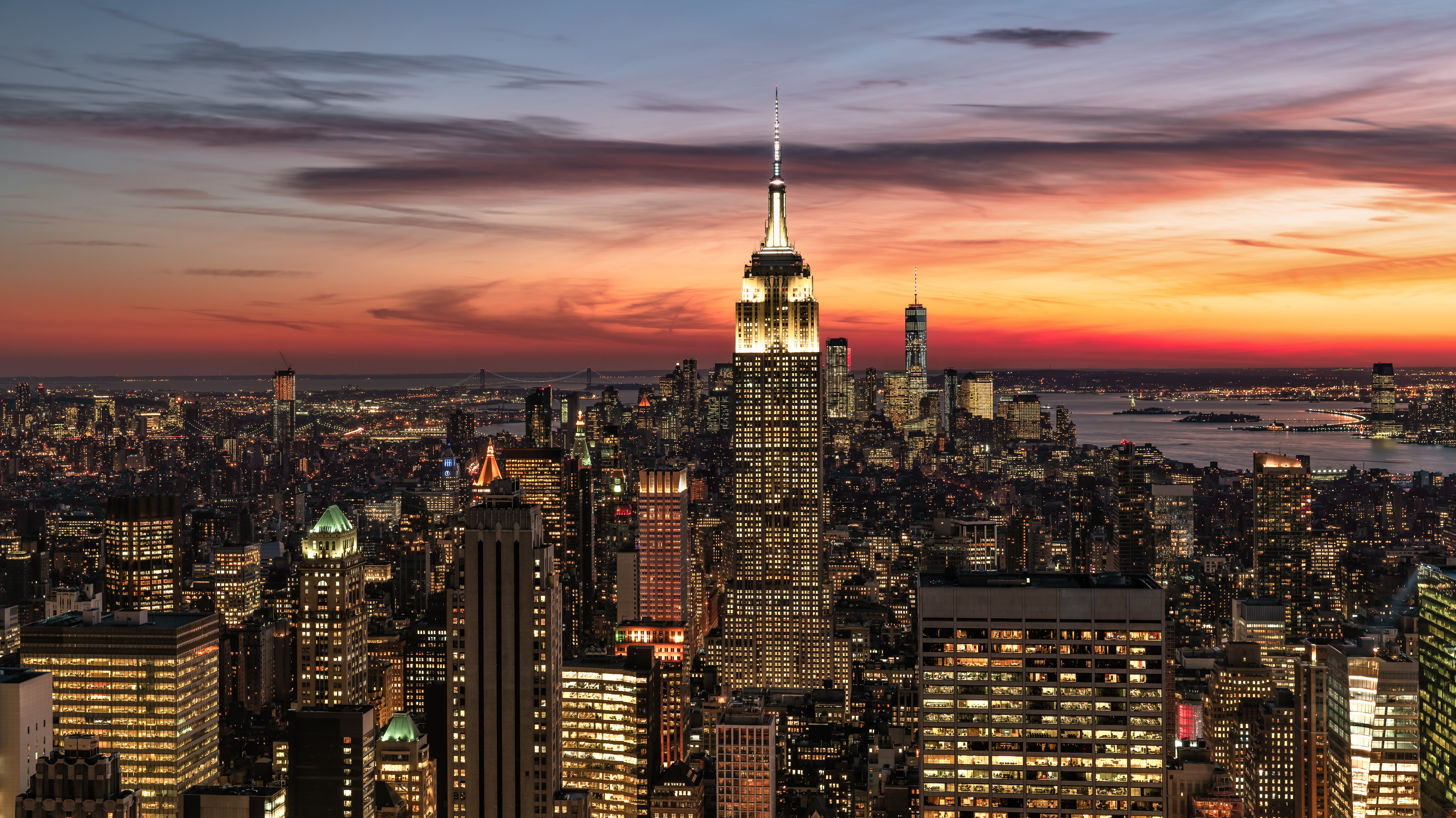 Free download wallpaper Cities, Sunset, Usa, City, Skyscraper, Building, New York, Man Made on your PC desktop