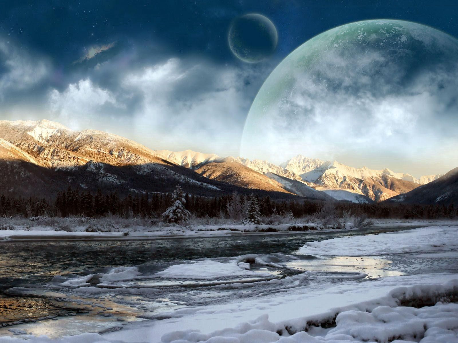 154807 Bild herunterladen planets, winter, fantasie, sky, schnee, wald, schatten, fiktion, das ist unglaublich - Hintergrundbilder und Bildschirmschoner kostenlos