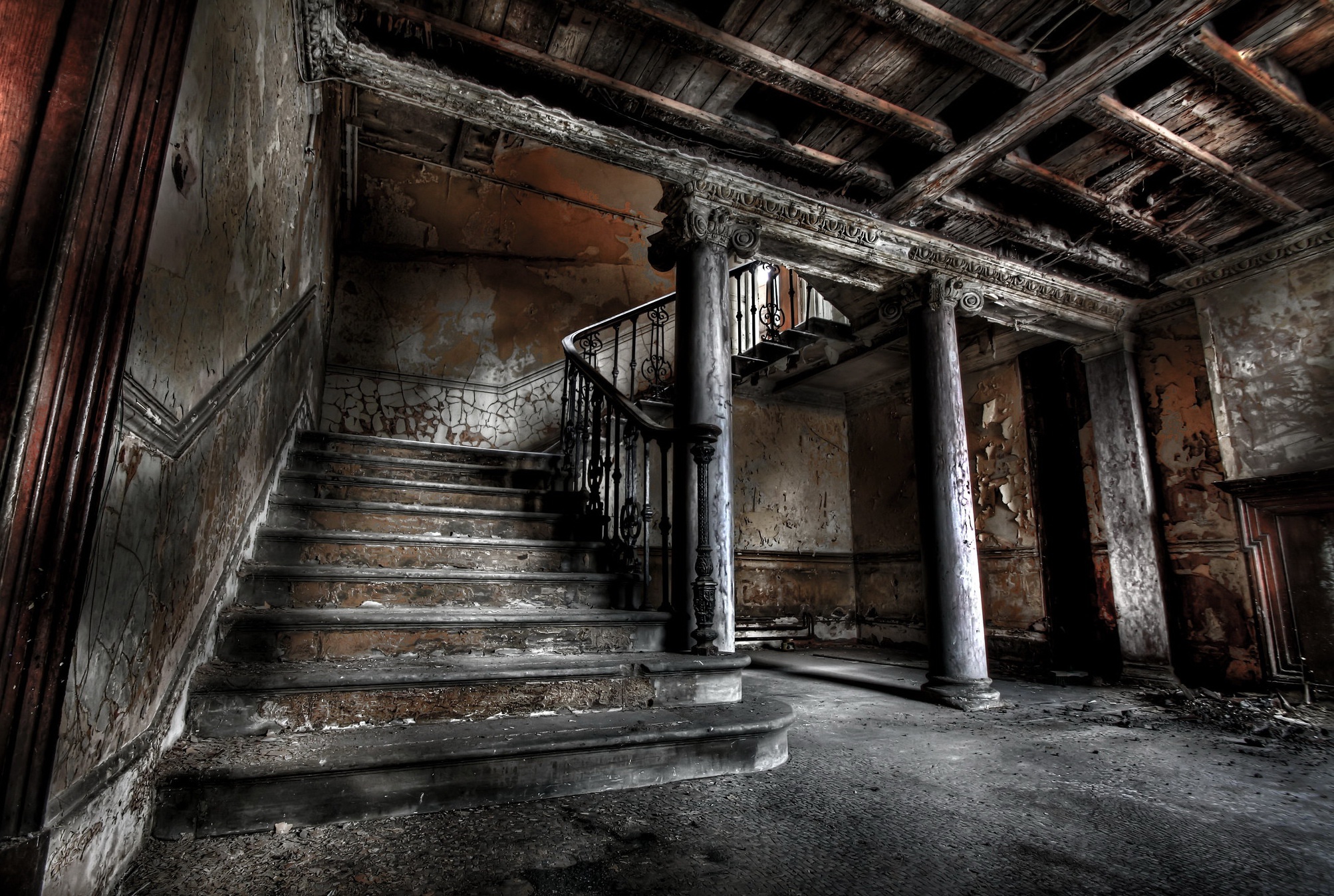 Free download wallpaper House, Stairs, Abandoned, Columns, Man Made on your PC desktop