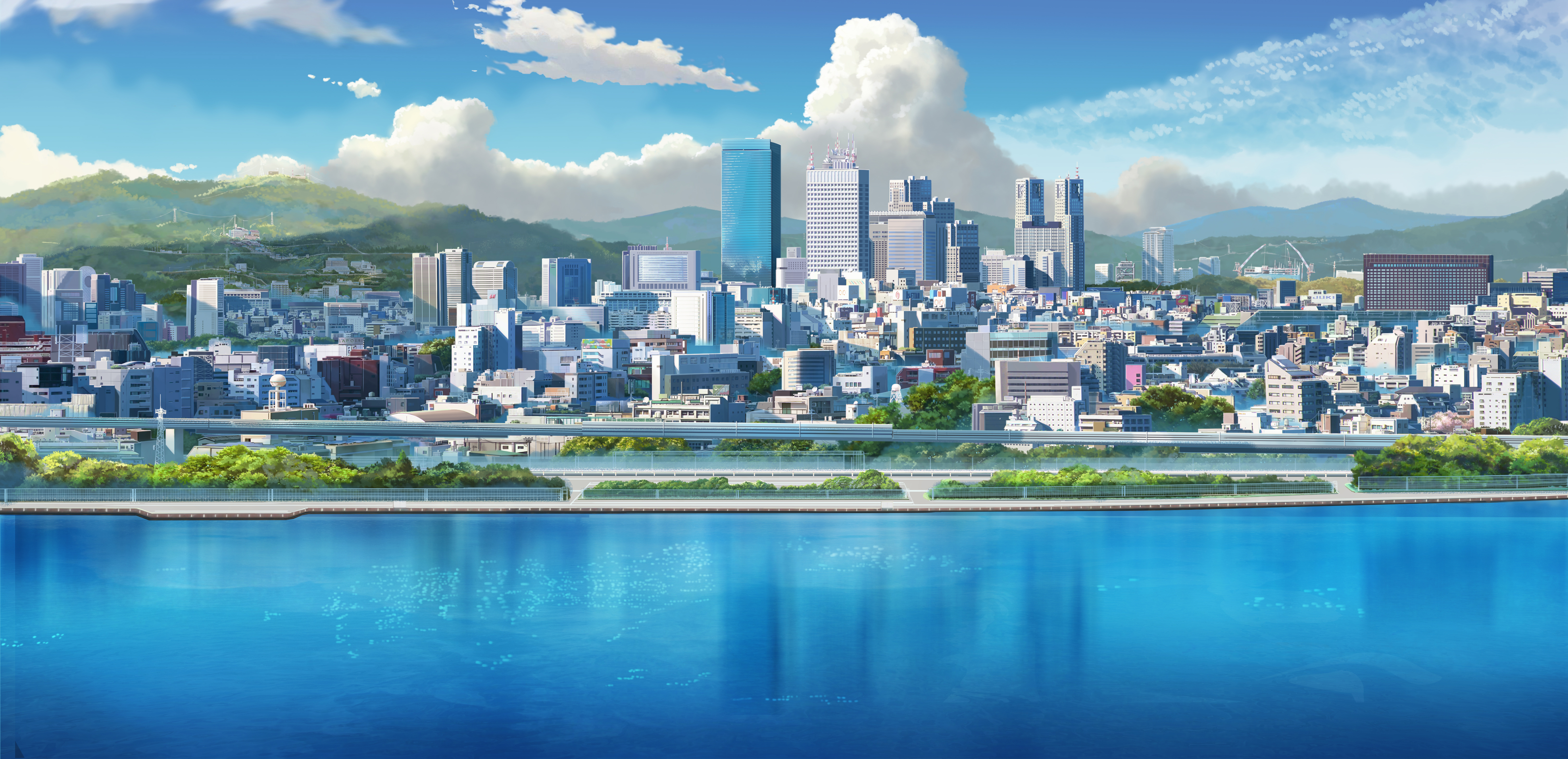 Free download wallpaper Anime, Sky, City, Building, River on your PC desktop