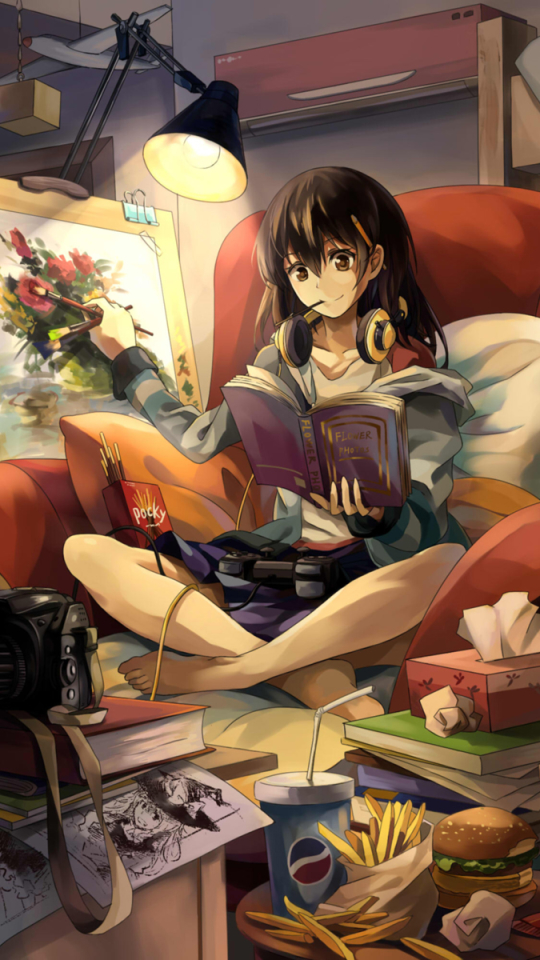 Download mobile wallpaper Anime, Headphones, Lamp, Girl, Book, Easel for free.