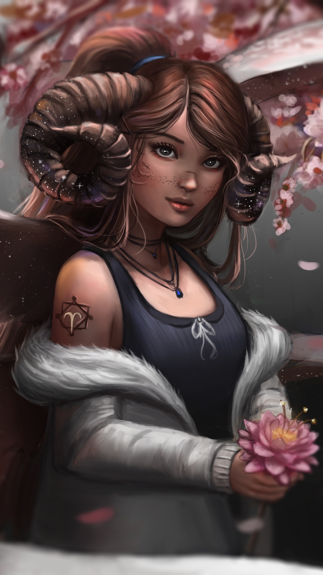 Download mobile wallpaper Fantasy, Zodiac, Wings, Horns, Brown Hair, Aries (Astrology) for free.