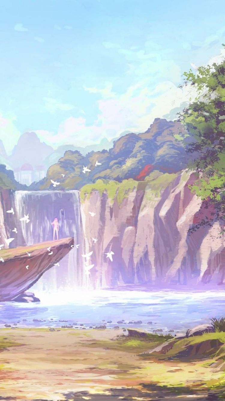 Handy-Wallpaper Landschaft, Natur, See, Wasserfall, Original, Himmel, Animes kostenlos herunterladen.