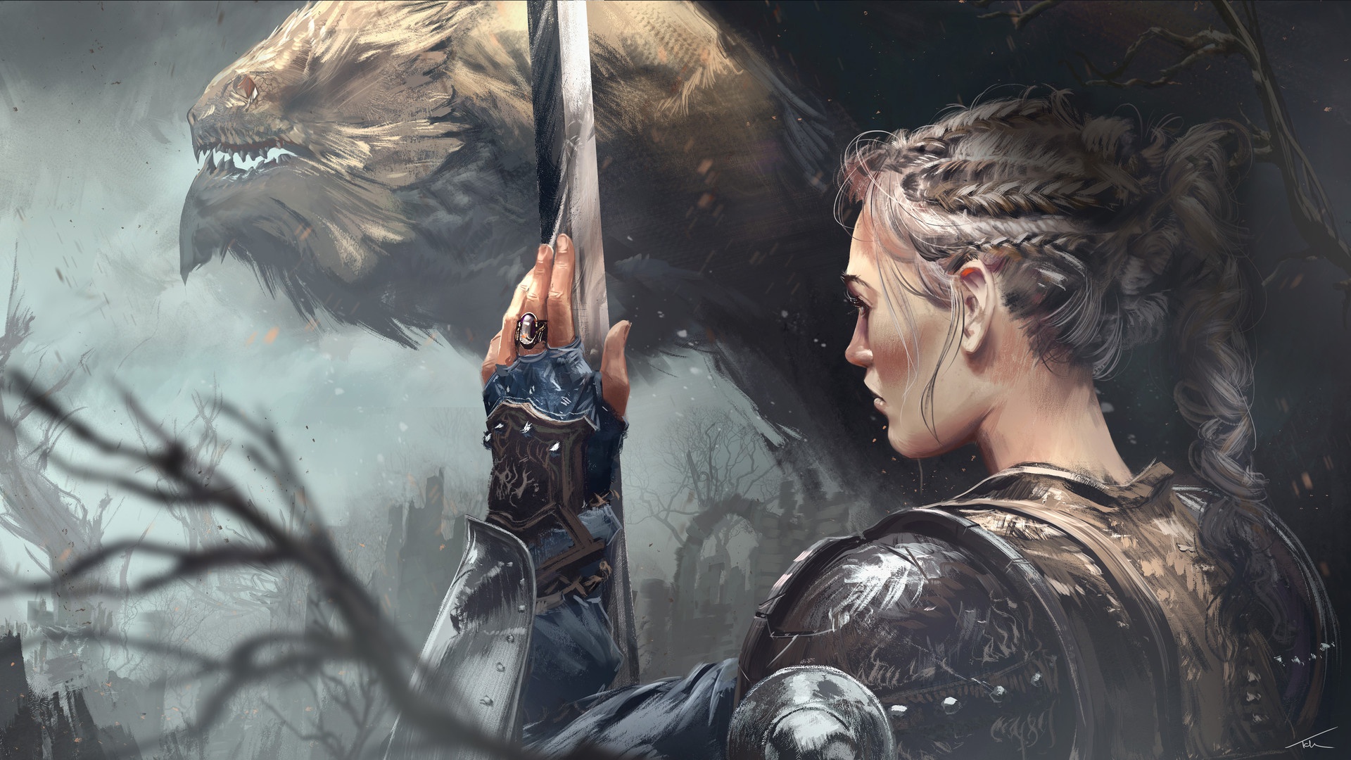 Free download wallpaper Fantasy, Creature, Armor, Braid, Women Warrior, White Hair, Woman Warrior on your PC desktop