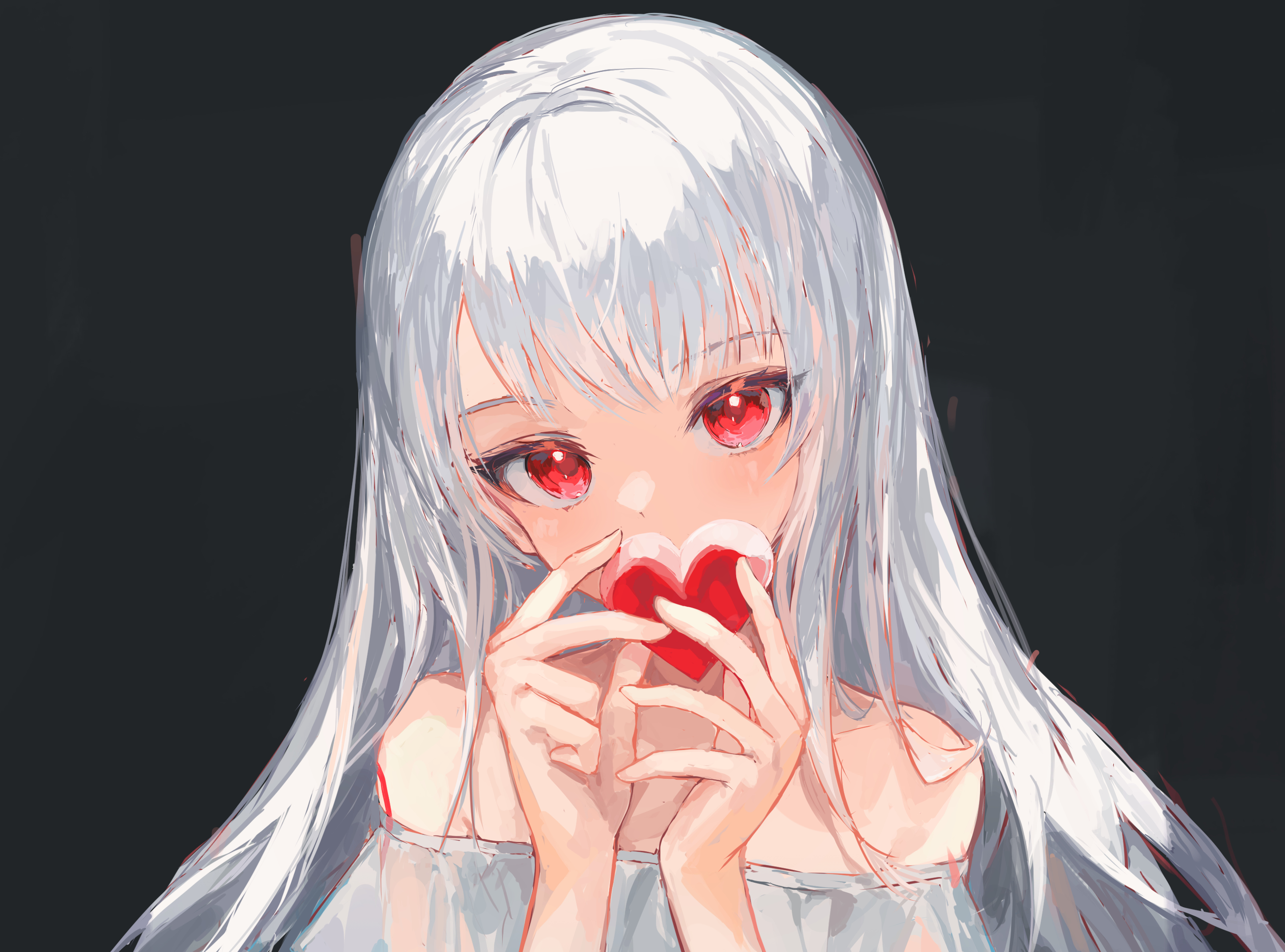 Download mobile wallpaper Anime, Girl, Heart, Red Eyes, Grey Hair for free.