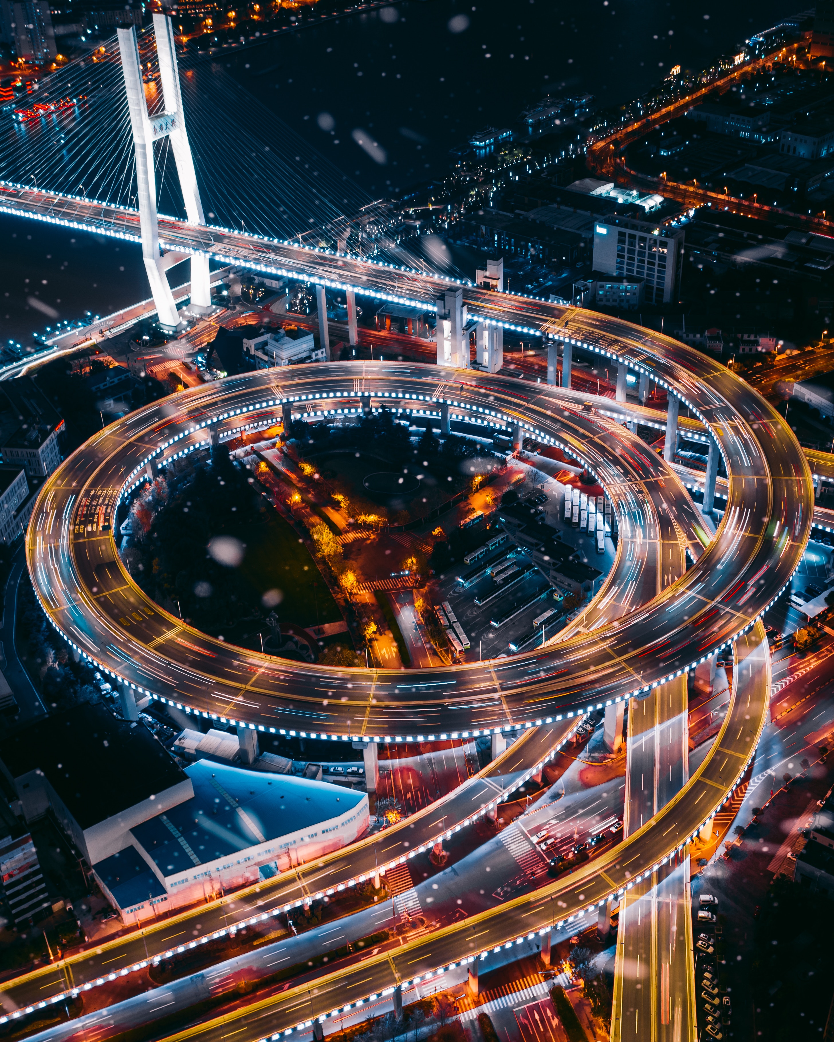 roads, night city, transport interchange, cities, view from above, city lights, interchange HD wallpaper