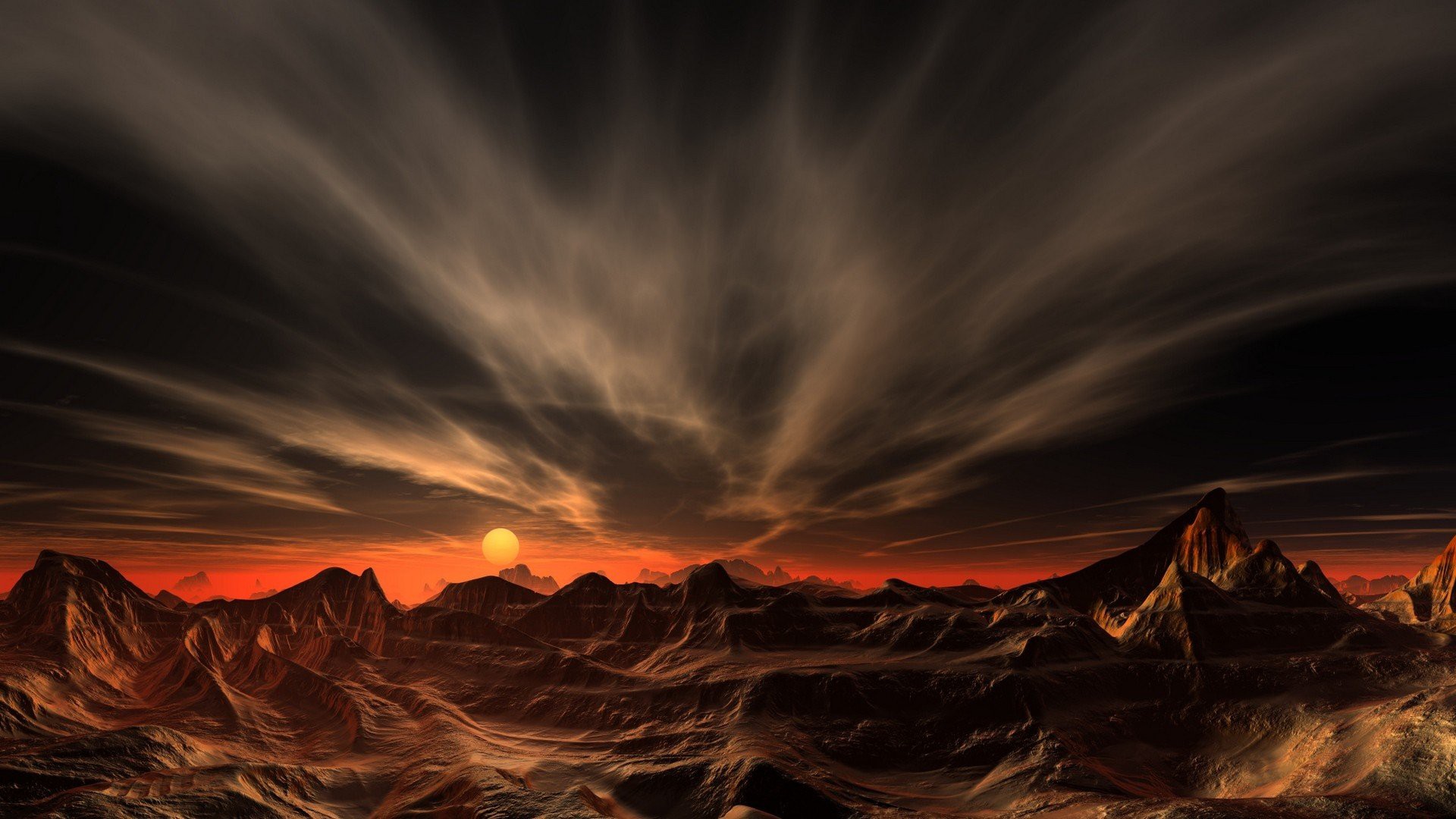 Laden Sie das Landschaft, Schlucht, Gebirge, Science Fiction, Sonnenuntergang, Sonne-Bild kostenlos auf Ihren PC-Desktop herunter