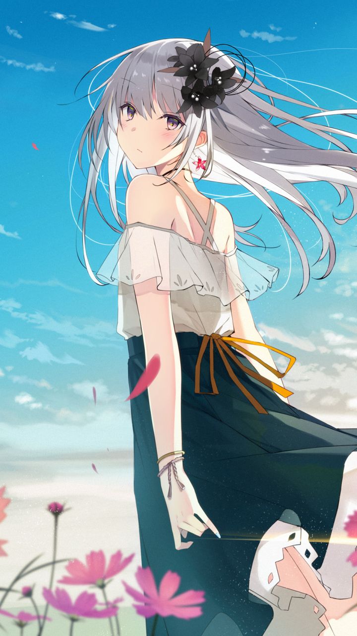 Download mobile wallpaper Anime, Flower, Original, Long Hair, Grey Hair for free.