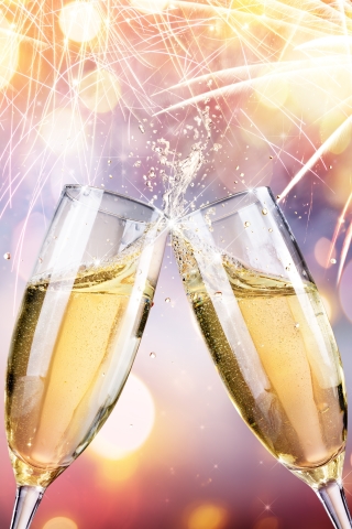Download mobile wallpaper New Year, Holiday, Glass, Drink, Bokeh, Fireworks, Celebration, Champagne, Alcohol for free.