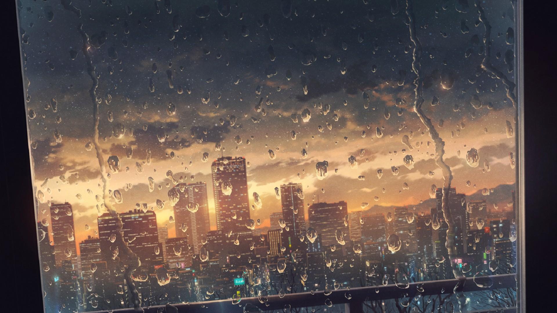Скачать картинку Аниме, Закат, Дождь, Город в телефон бесплатно.