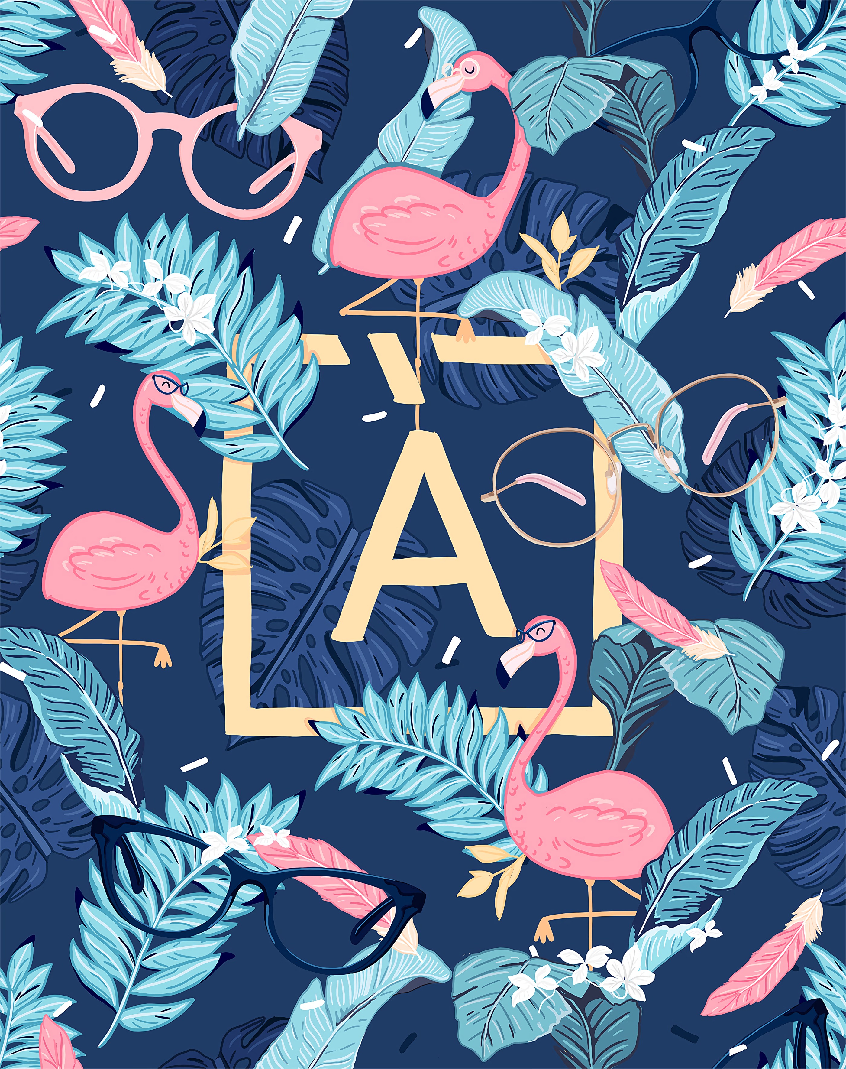flamingo, art, leaves, glasses, spectacles, letter Full HD