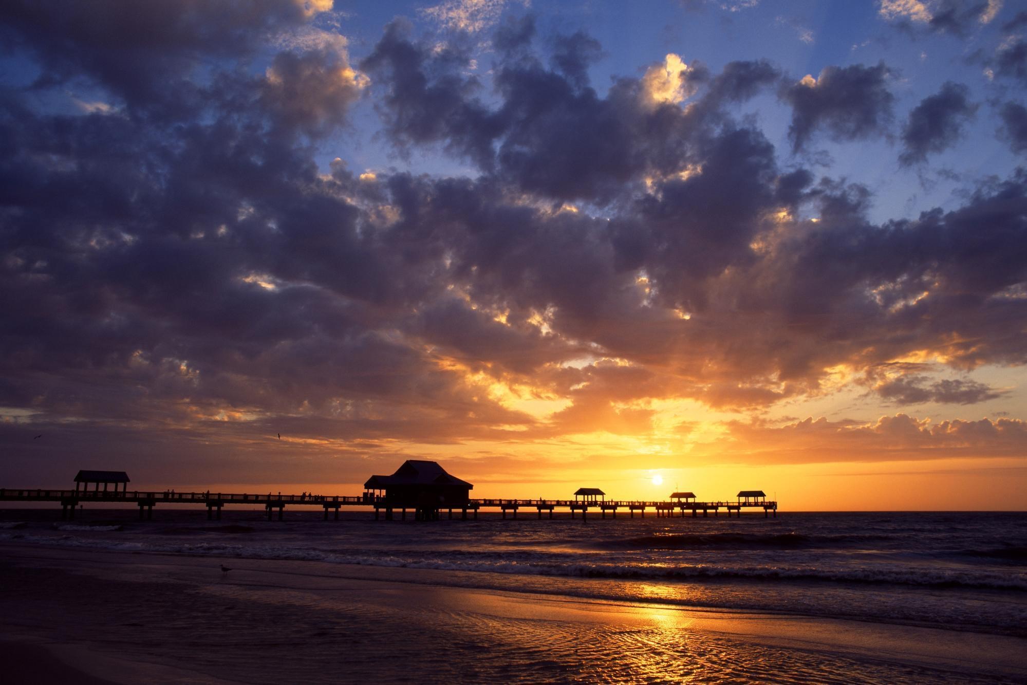 Download mobile wallpaper Nature, Sunset, Sky, Beach, Sand, Pier, Cloud, Photography for free.