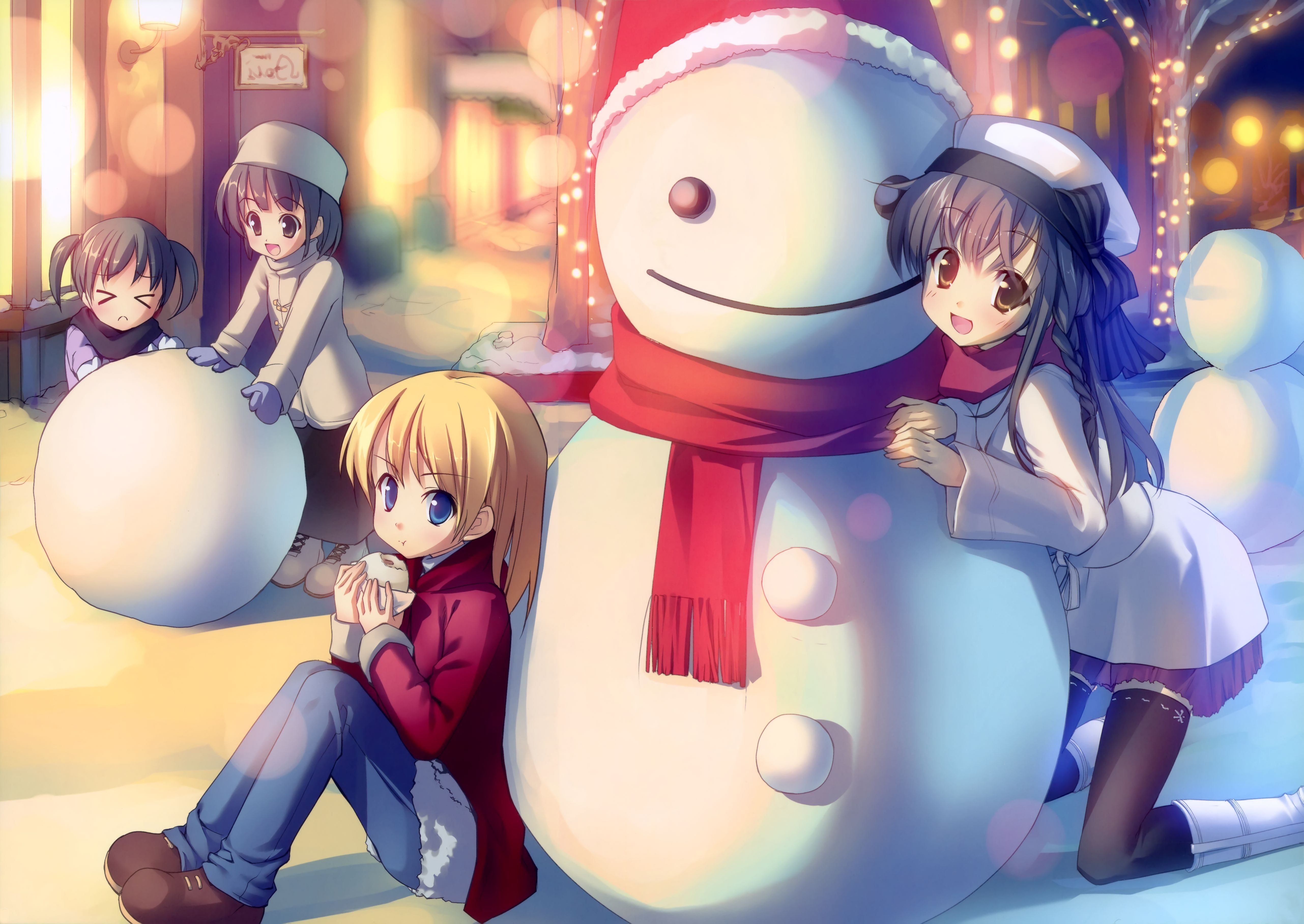 Download mobile wallpaper Anime, Snow, Snowman, Smile, Blonde, Hat, Coat, Scarf, Blue Eyes, Original, Braid, Blush, Brown Eyes, Long Hair, Short Hair, Twintails, Bow (Clothing) for free.