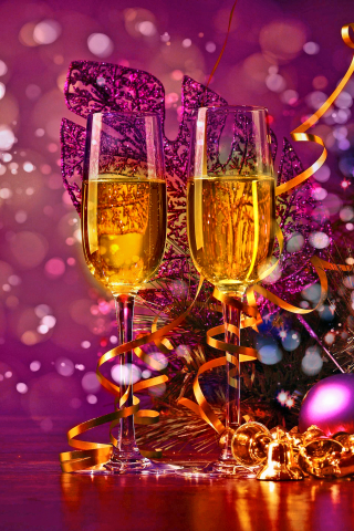 Download mobile wallpaper New Year, Reflection, Holiday, Colorful, Bokeh, Champagne for free.