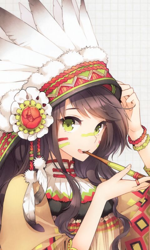 anime, original, pipe, smile, feather, flower, long hair, brown hair, headdress, green eyes HD wallpaper