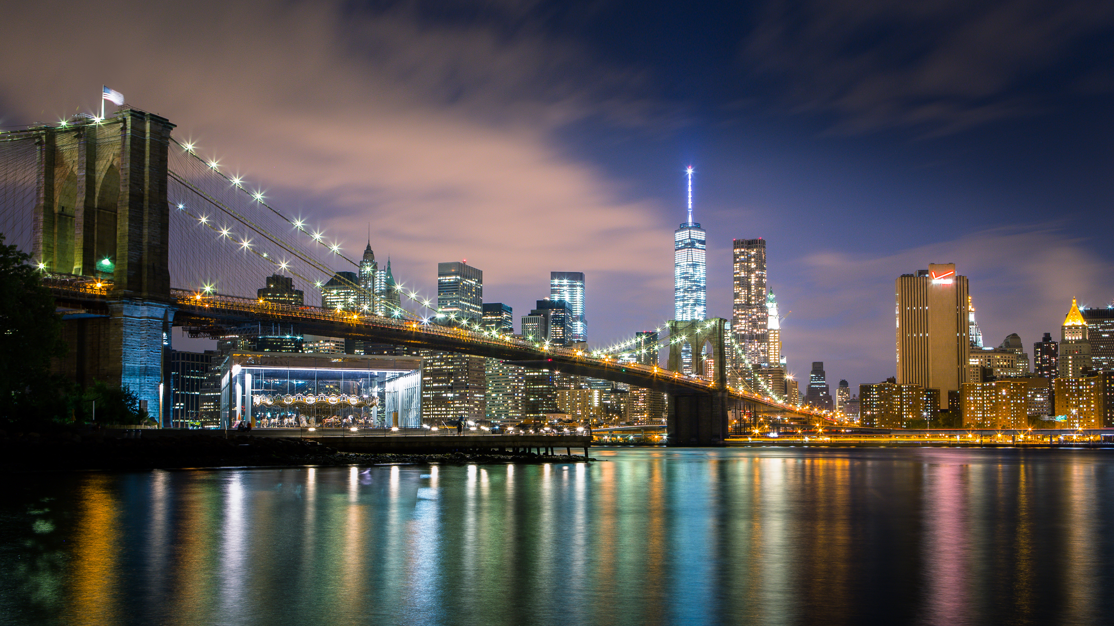 Laden Sie das Stadtbild, New York, Manhattan, Brücken, Menschengemacht, Spiegelung, Brooklyn Brücke-Bild kostenlos auf Ihren PC-Desktop herunter