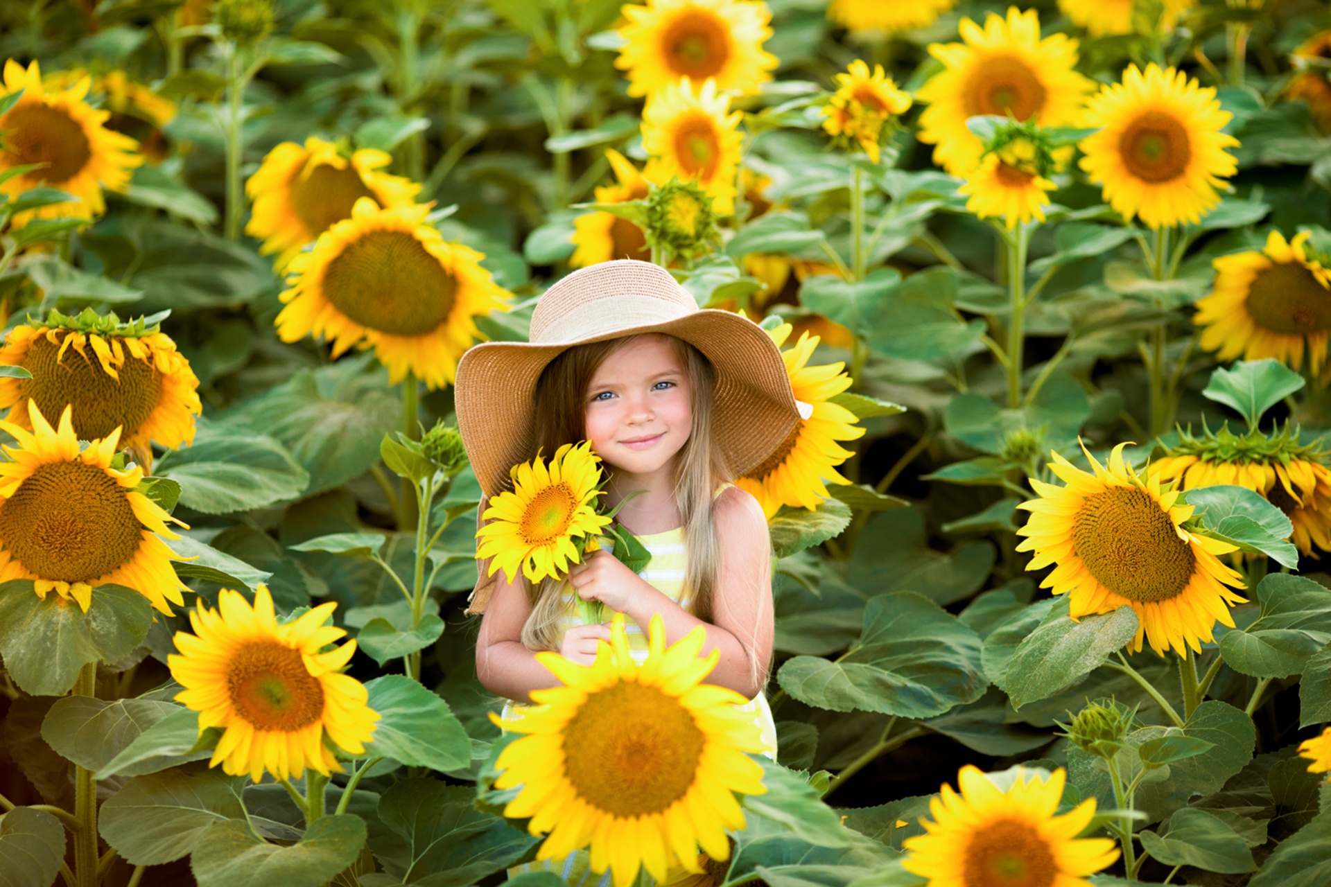 Download mobile wallpaper Summer, Flower, Child, Hat, Photography, Yellow Flower, Little Girl for free.